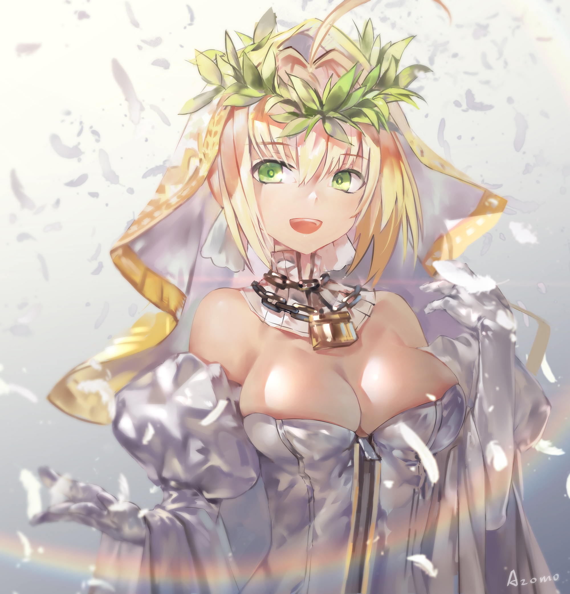 Anime 2000x2084 boobs white background bodysuit cleavage Fate/Grand Order Saber Bride blonde green eyes Azomo anime girls low neckline Nero Claudius Fate series