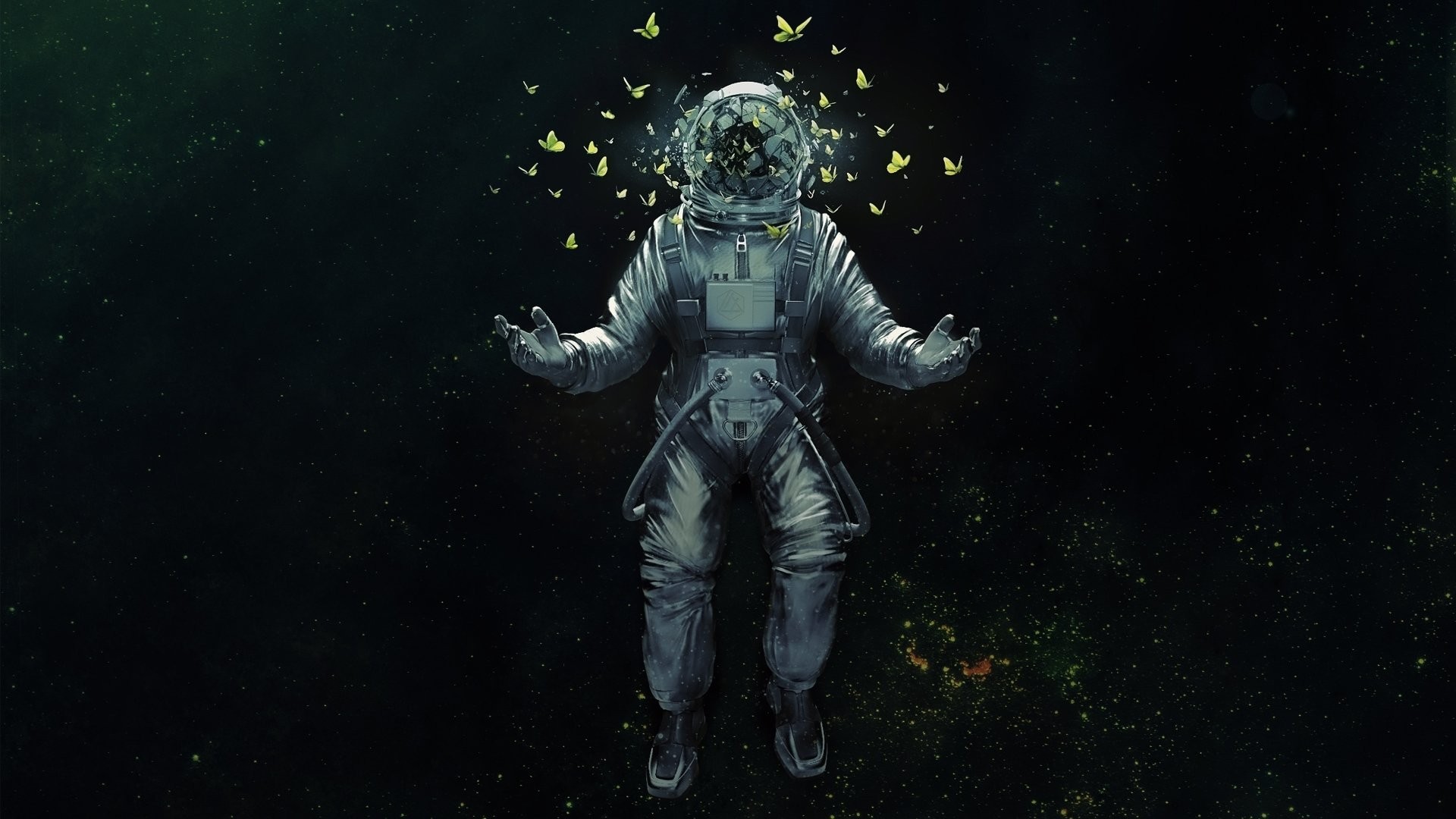 General 1920x1080 astronaut butterfly space stars broken glass frontal view