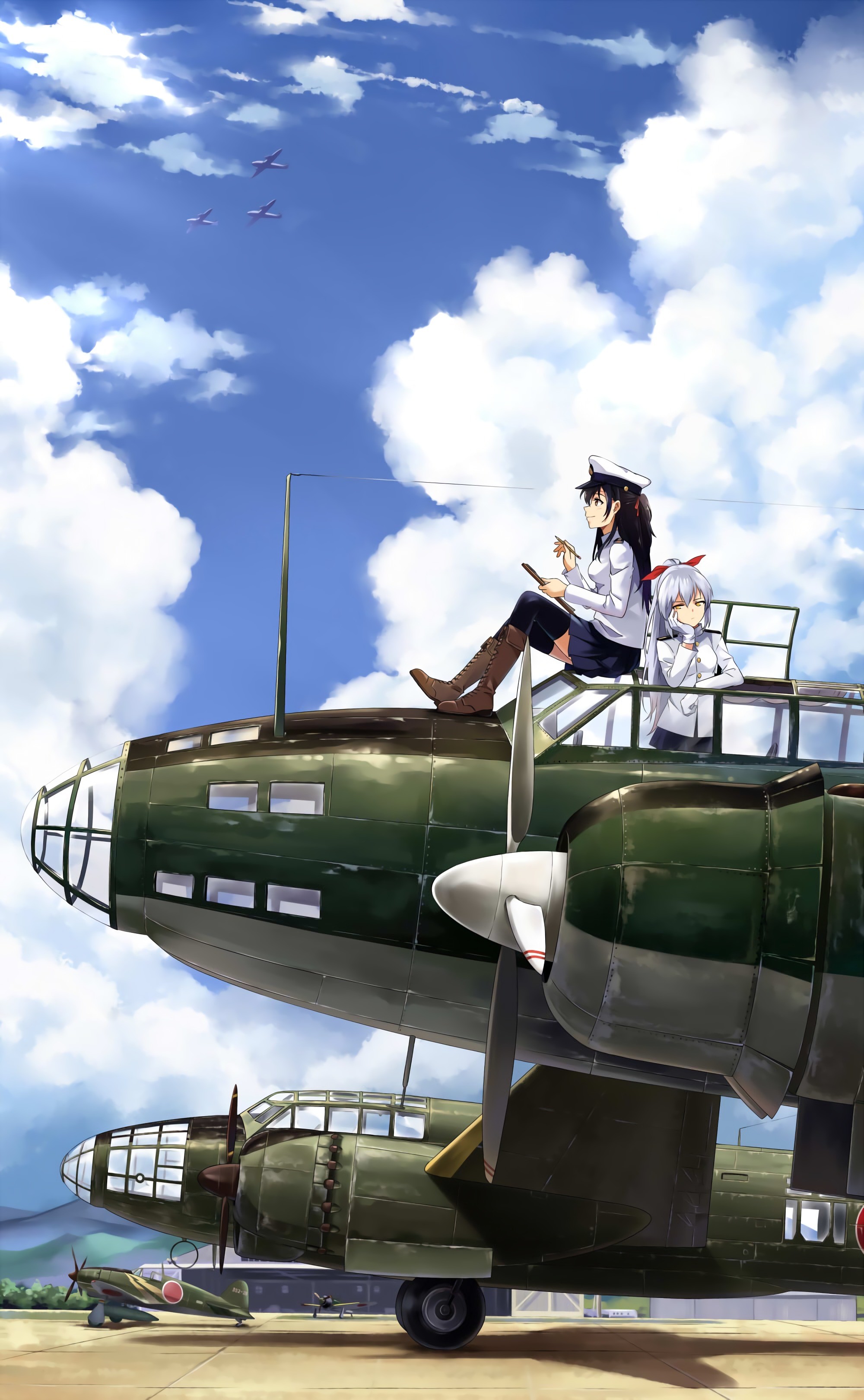 Anime 2000x3240 anime anime girls Kantai Collection Admiral (KanColle) aircraft sky clouds skirt stockings uniform long hair black hair white hair