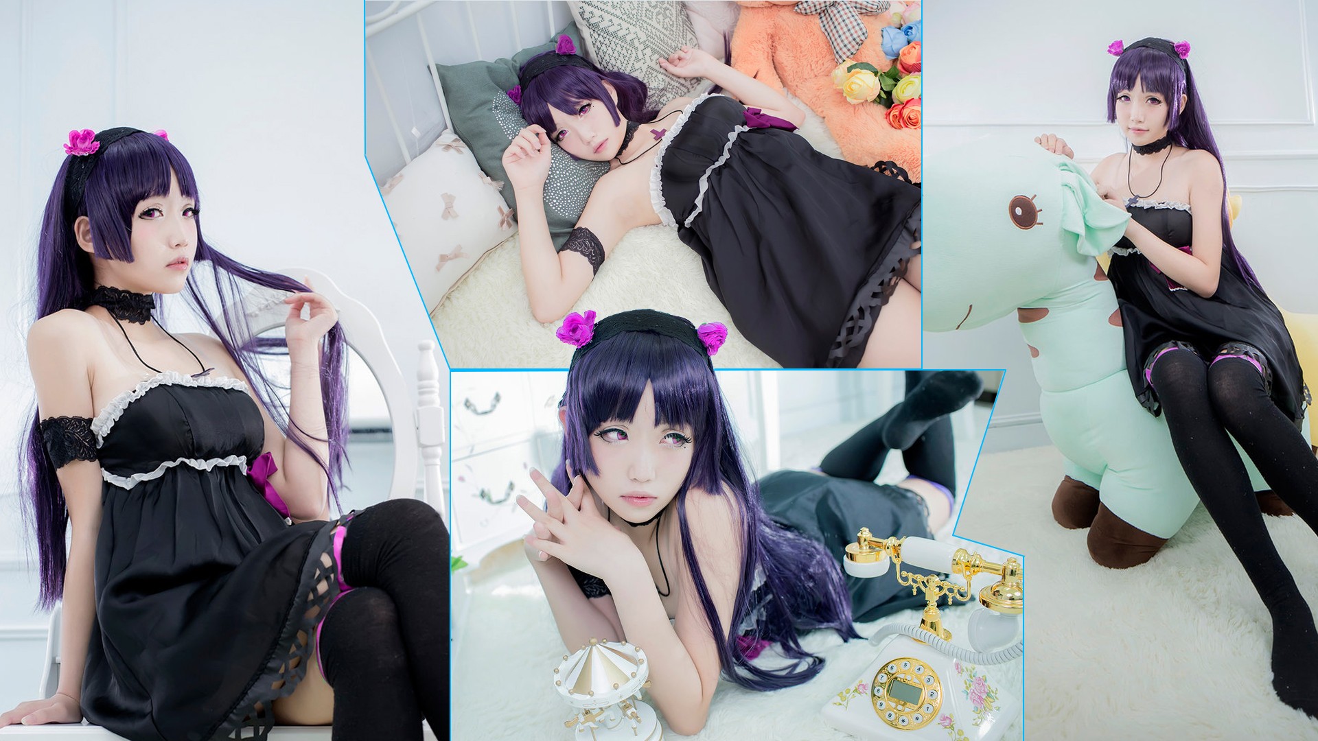 People 1920x1080 cosplay asian cosplayer Gokou Ruri lying on front lying on back collage wigs purple hair thigh high socks thigh-highs women