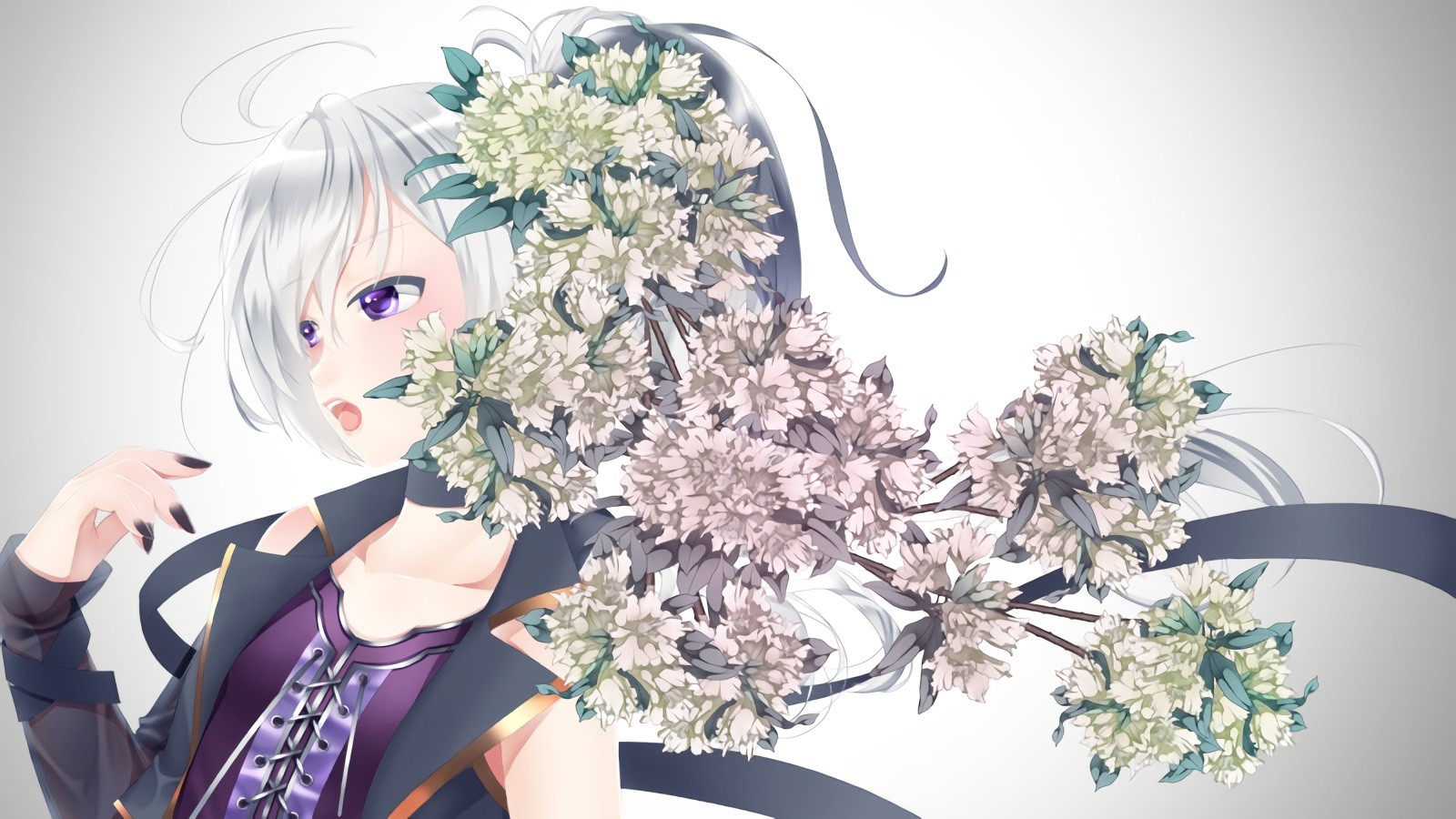 Anime 1600x900 anime anime girls Vocaloid flowers white hair black nails purple eyes Pixiv plants hair in face shoulder length hair simple background looking away women fantasy art fantasy girl open mouth