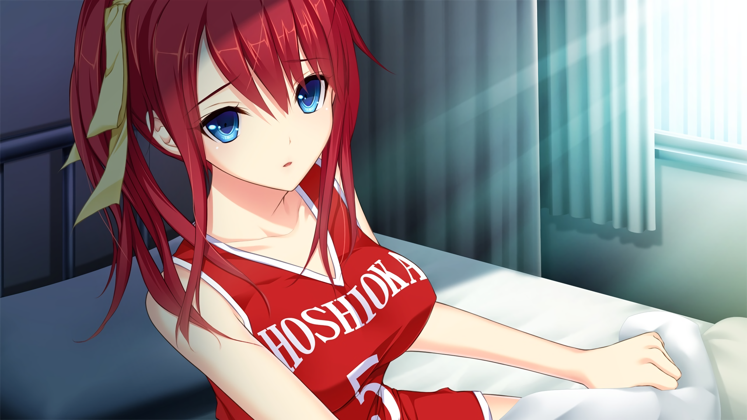 Anime 2560x1440 manga anime girls redhead anime big boobs blue eyes Hatsukoi 1/1 boobs numbers printed shirts red clothing in bed bed bedroom face long hair women indoors looking at viewer curvy
