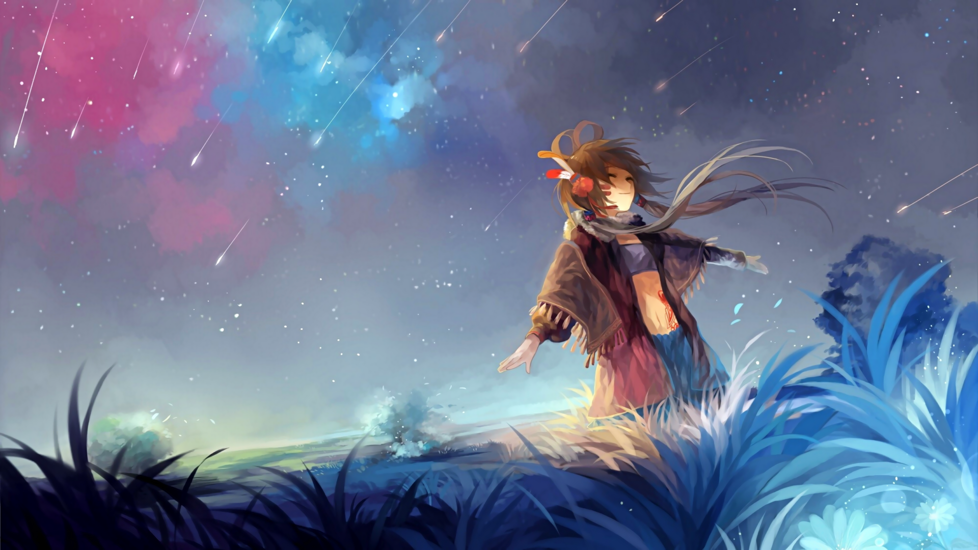 Anime 1920x1080 anime girls sky landscape stars anime windy Luo Tianyi RPG nature women outdoors outdoors brunette belly closed eyes long hair shooting stars
