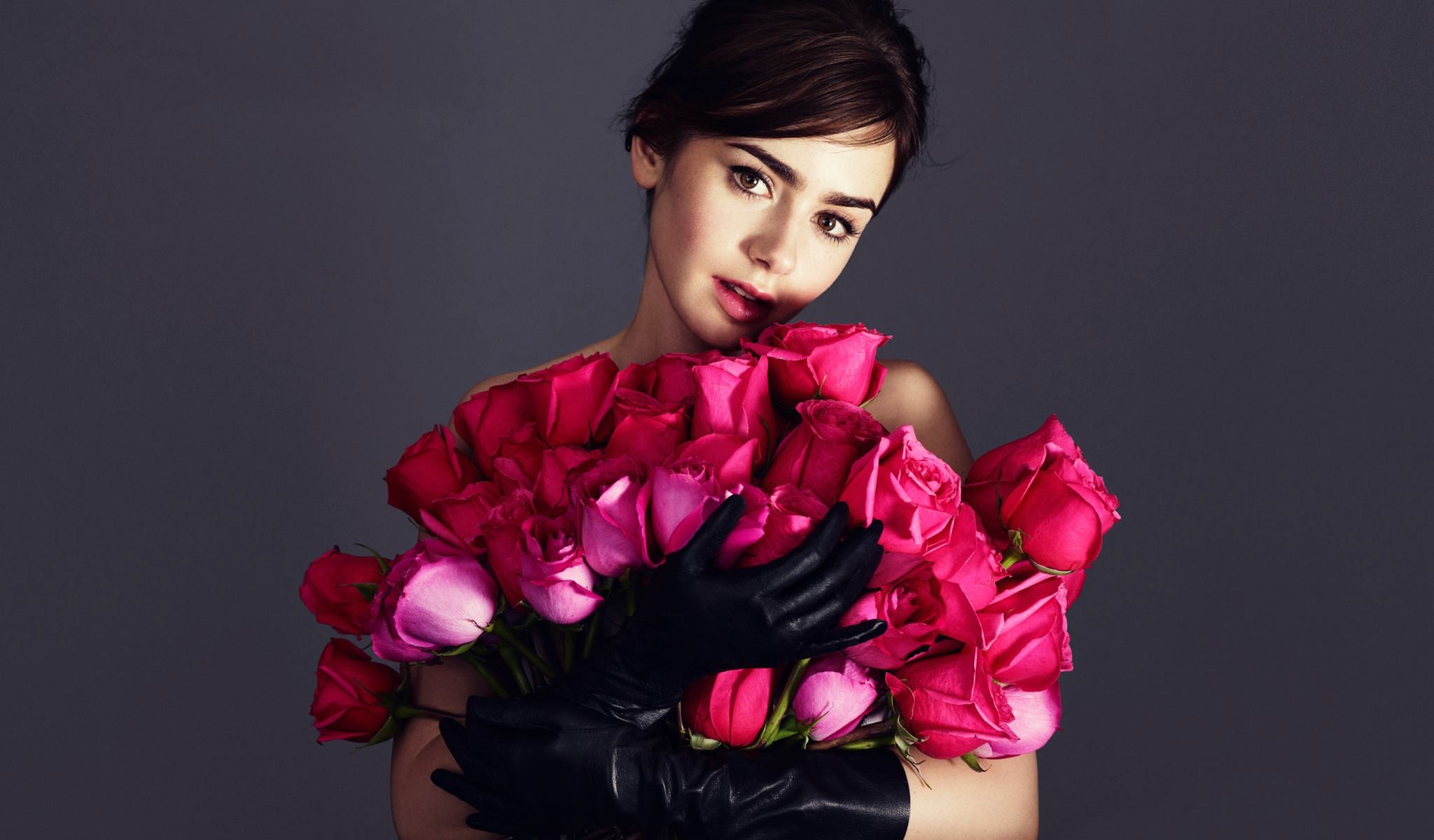 People 2048x1200 Lily Collins portrait women flowers black gloves rose brunette actress women indoors indoors plants gloves studio simple background looking at viewer