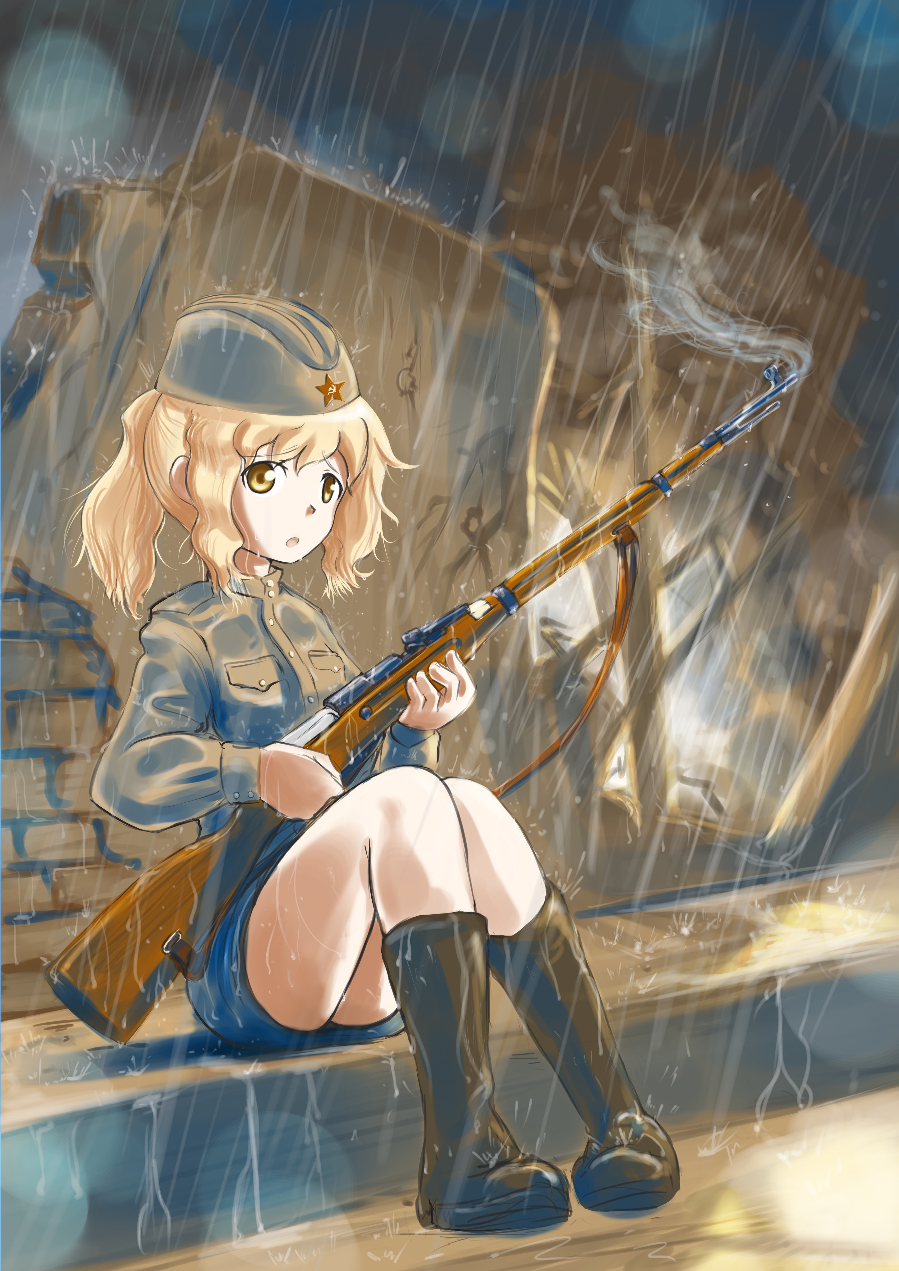 Anime 2893x4092 anime anime girls weapon gun military uniform Soviet Army USSR Pixiv knees together Fear (People) rifles girls with guns boots soldier blonde hat