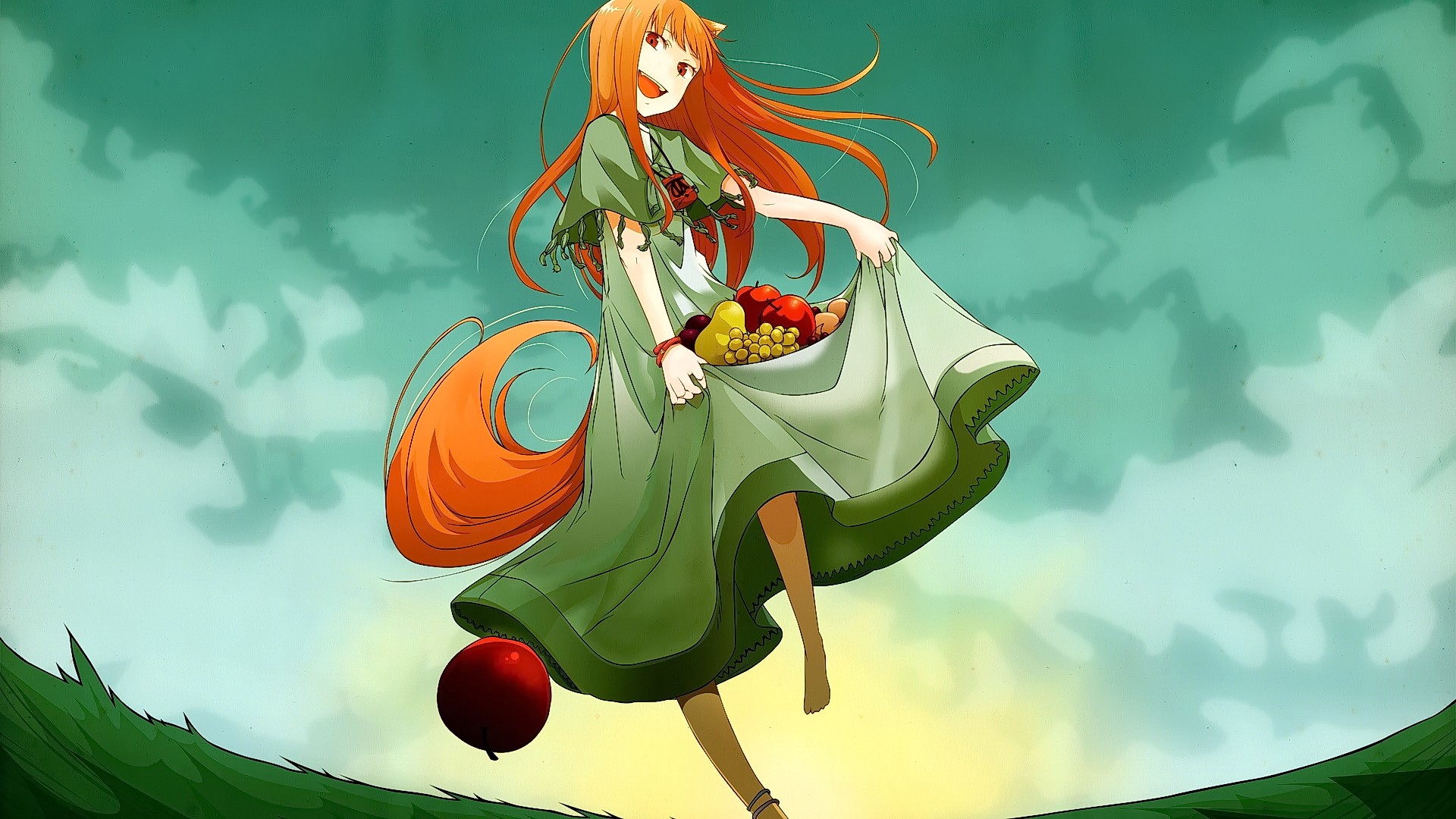 Anime 1920x1080 anime anime girls Spice and Wolf long hair animal ears redhead red eyes looking at viewer smiling Holo (Spice and Wolf) wolf girls dress