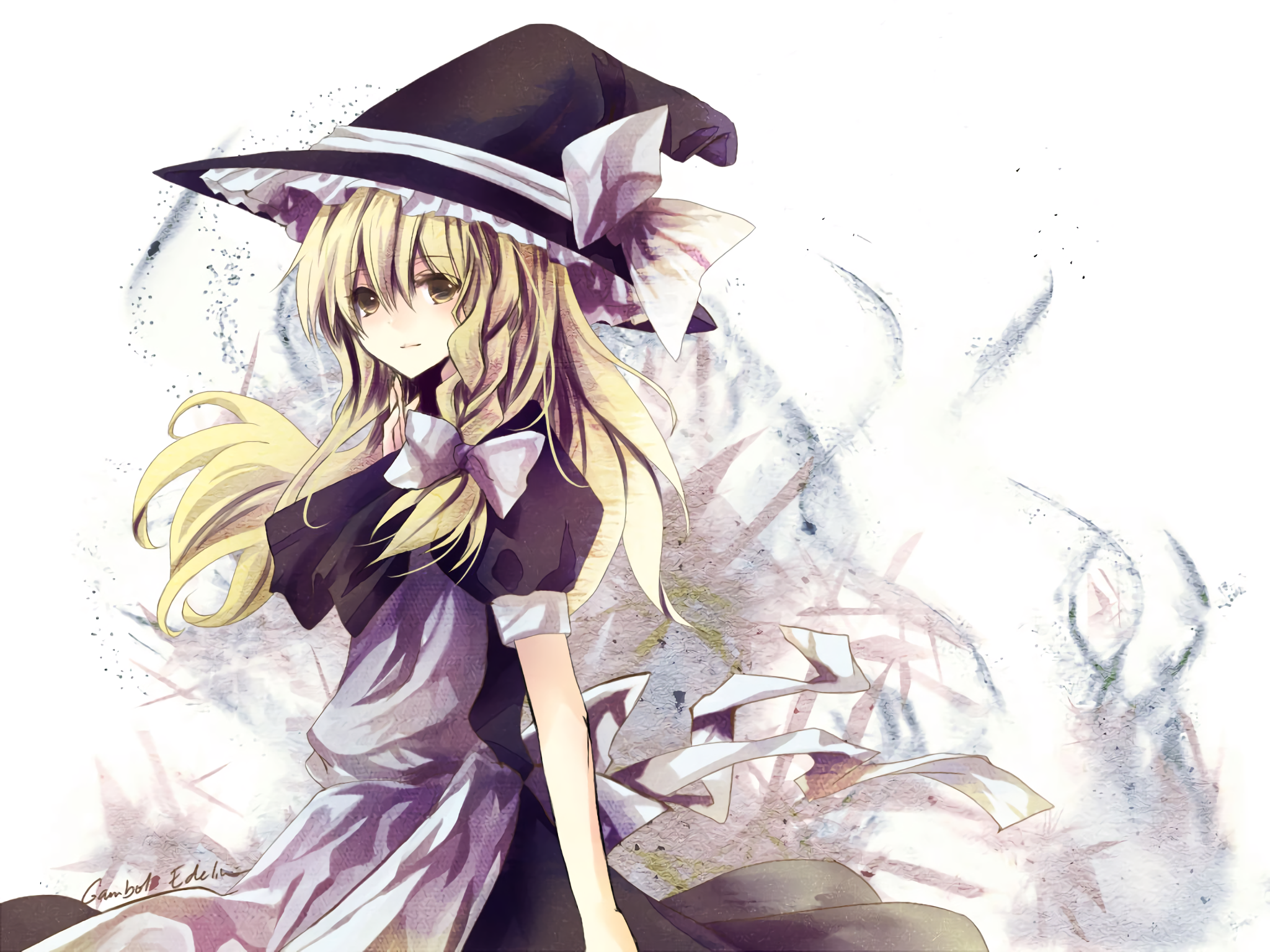 Anime 2048x1536 Touhou Kirisame Marisa witch anime girls hat long hair anime blonde witch hat looking at viewer fantasy art fantasy girl women with hats white background simple background