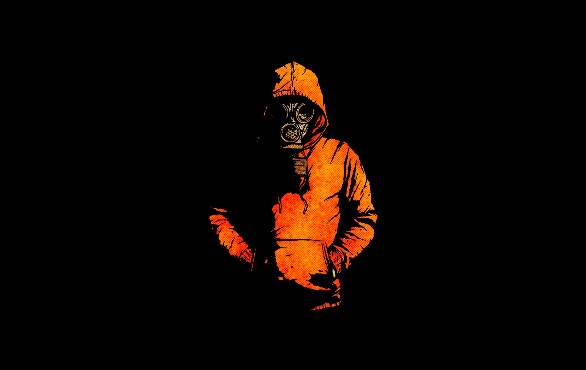 General 1900x1200 gas masks hoods artwork black background simple background men orange clothing minimalism