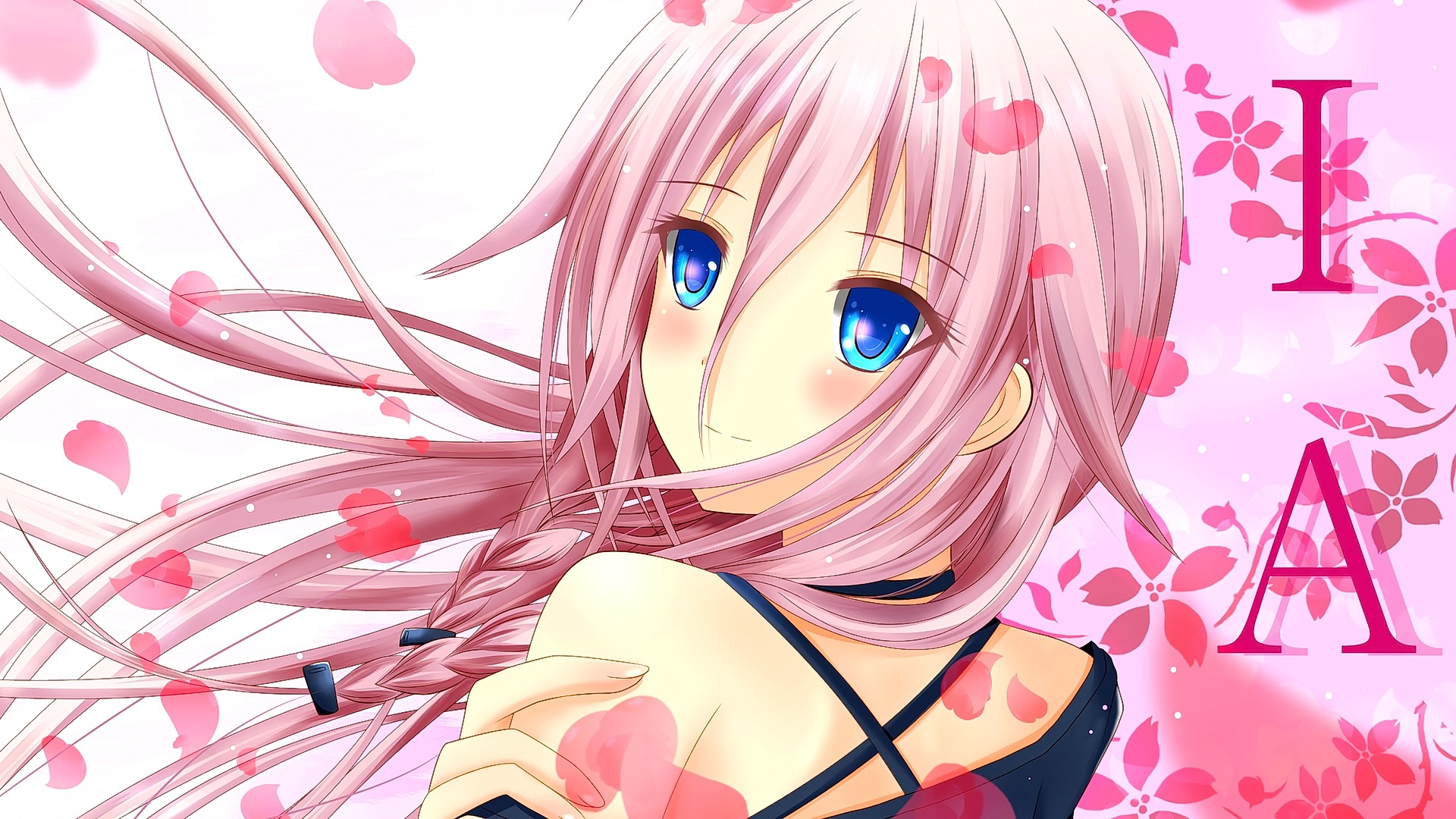 Anime 1920x1080 anime anime girls IA (Vocaloid) Vocaloid long hair pink hair blue eyes smiling looking at viewer face closeup hair in face