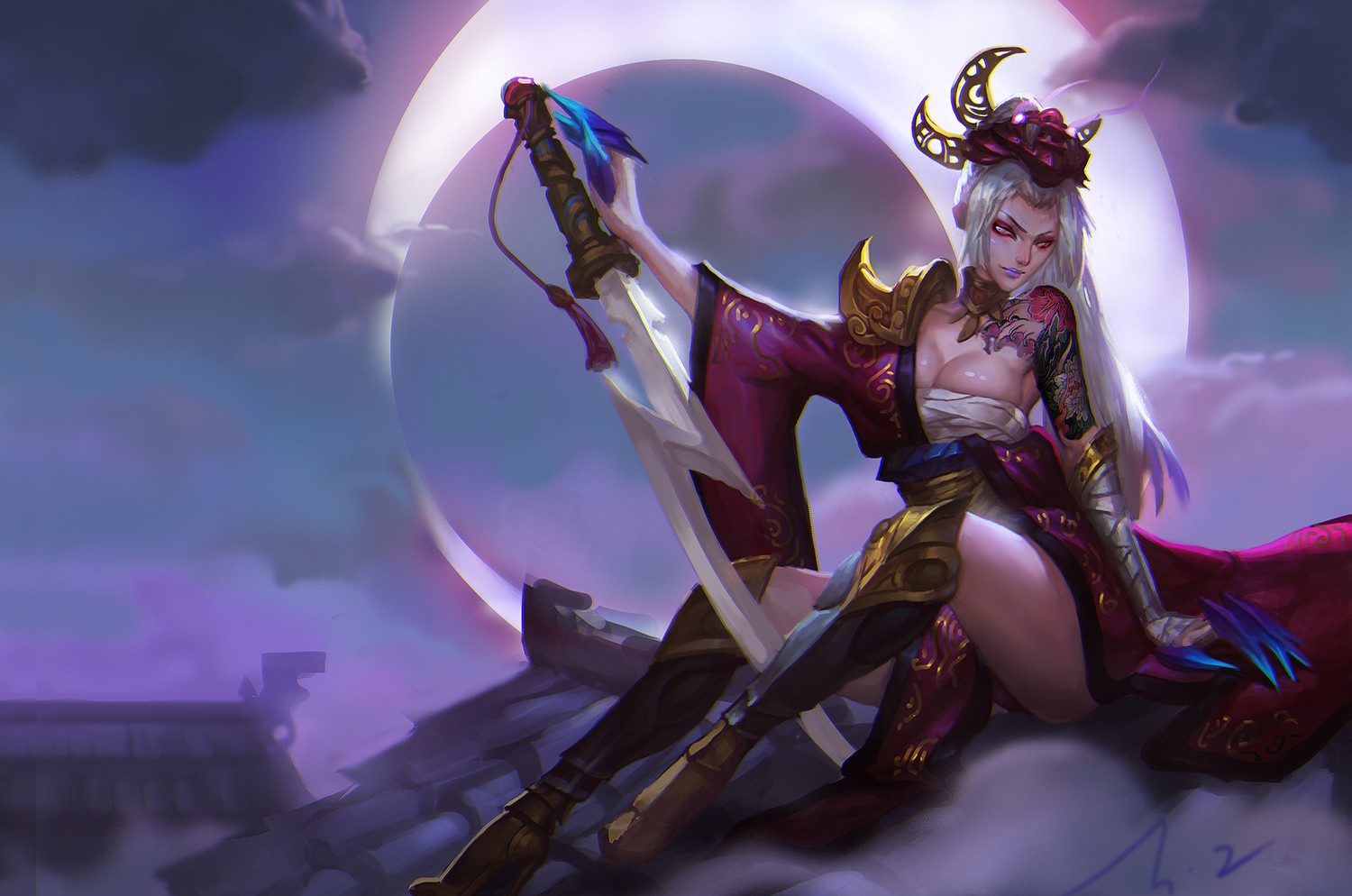 General 1500x994 big boobs League of Legends PC gaming women with swords rooftops legs white hair sitting video game art video game girls fantasy art fantasy girl Diana (League of Legends)