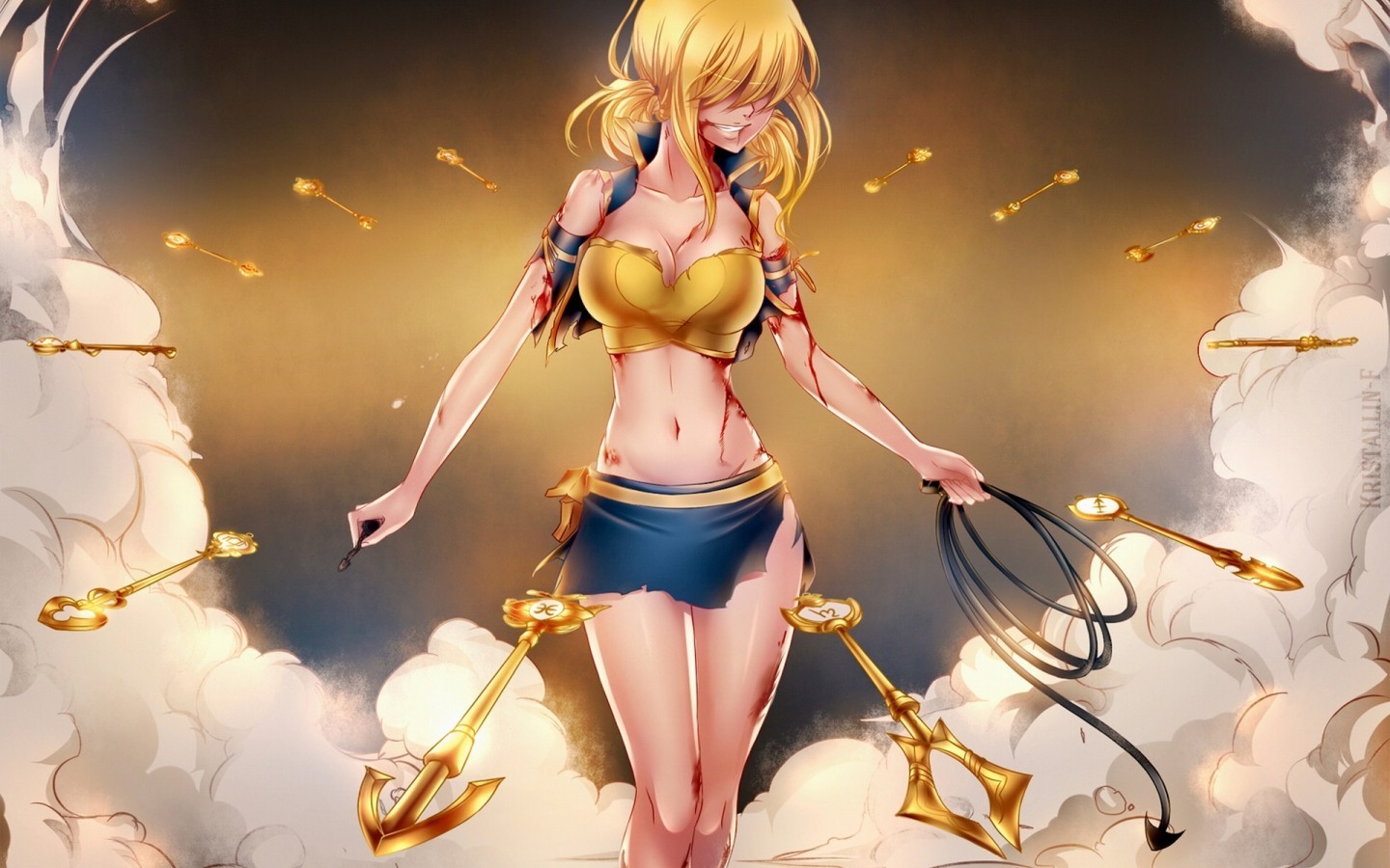 Anime 1440x900 blonde anime girls anime Fairy Tail Heartfilia Lucy  women belly blood wounds torn clothes skirt miniskirt blue skirt hair in face slim body smiling