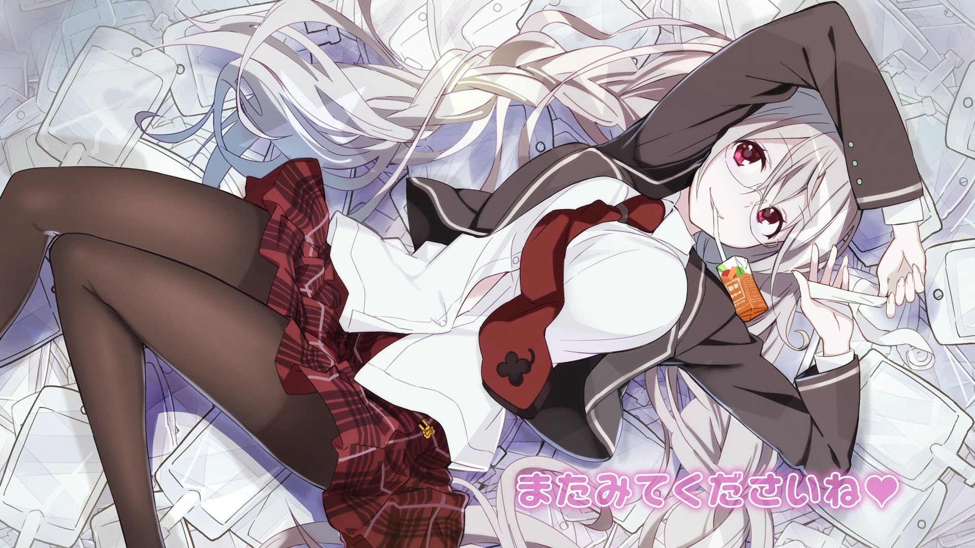 Anime 1920x1080 anime anime girls skirt long hair white hair Anne Happy pantyhose black pantyhose thighs legs tie women with glasses lying on back food drink blouses red skirt plaid clothing plaid skirt
