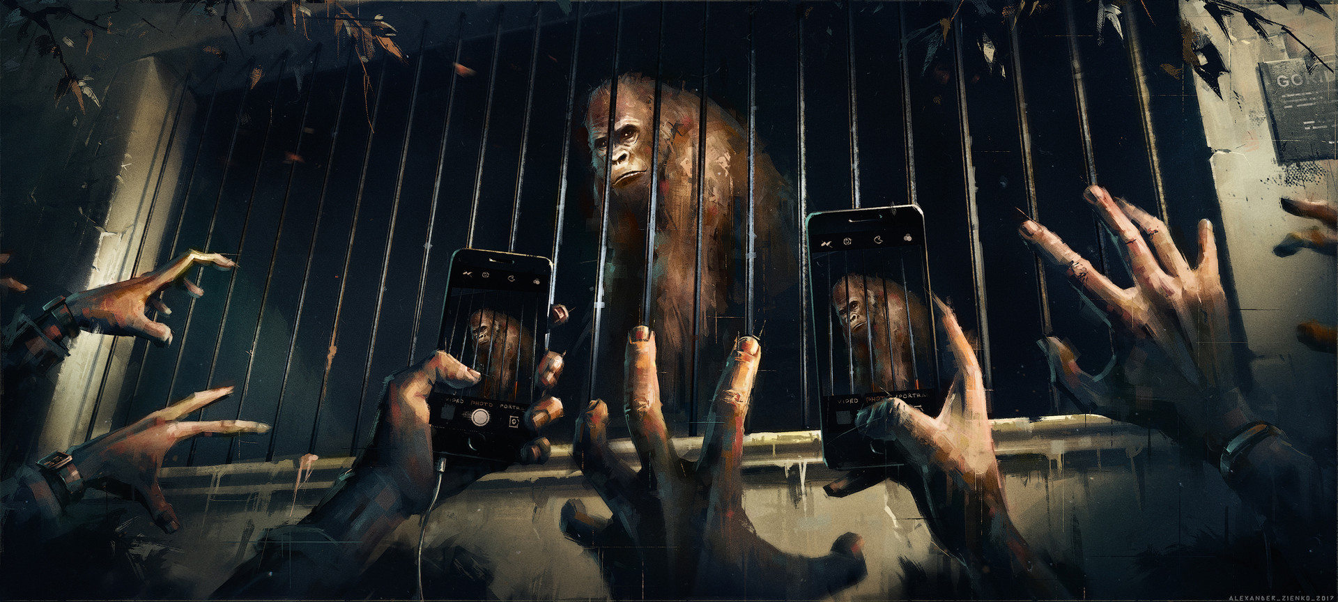 General 1920x864 Alexander Zienko gorillas hands smartphone jail painting