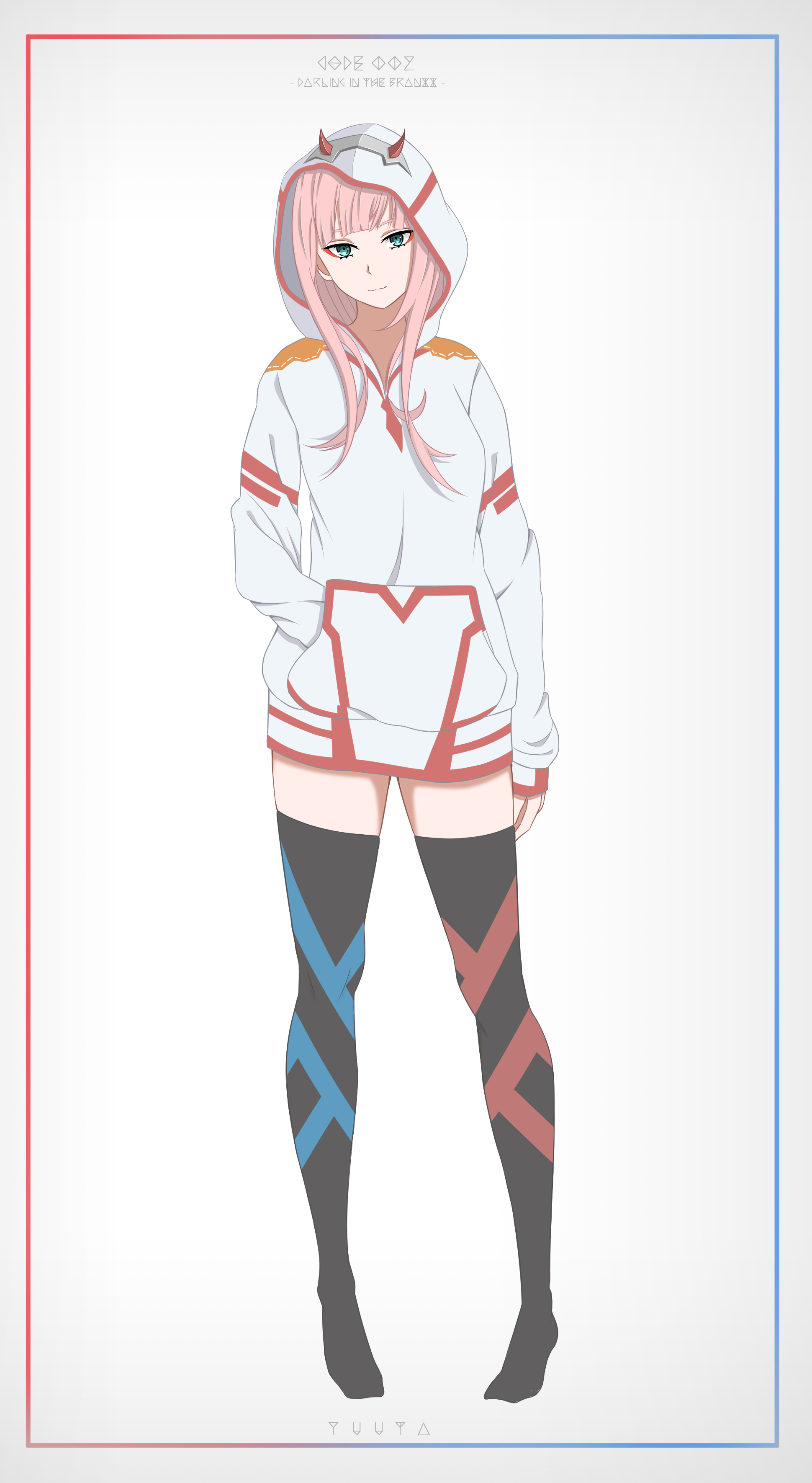 Anime 1940x3541 Darling in the FranXX anime girls Zero Two (Darling in the FranXX) thighs black stockings 2D anime small boobs long hair horns white jacket smiling aqua eyes pink hair barefoot portrait display fan art looking at viewer simple background alternate costume