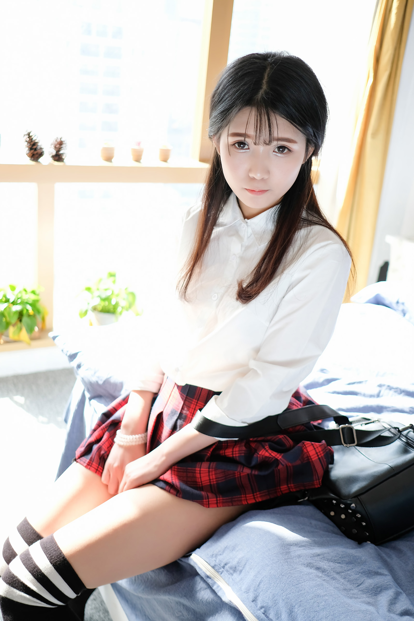 People 1600x2400 women model brunette long hair Asian portrait display knee-highs miniskirt sunlight sitting in bed blouses