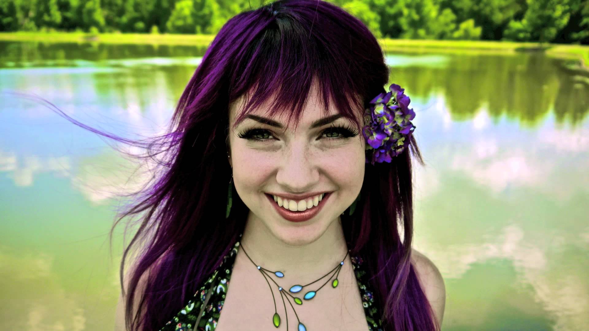 People 1920x1080 Veela lake necklace smiling purple hair women women outdoors water face forest