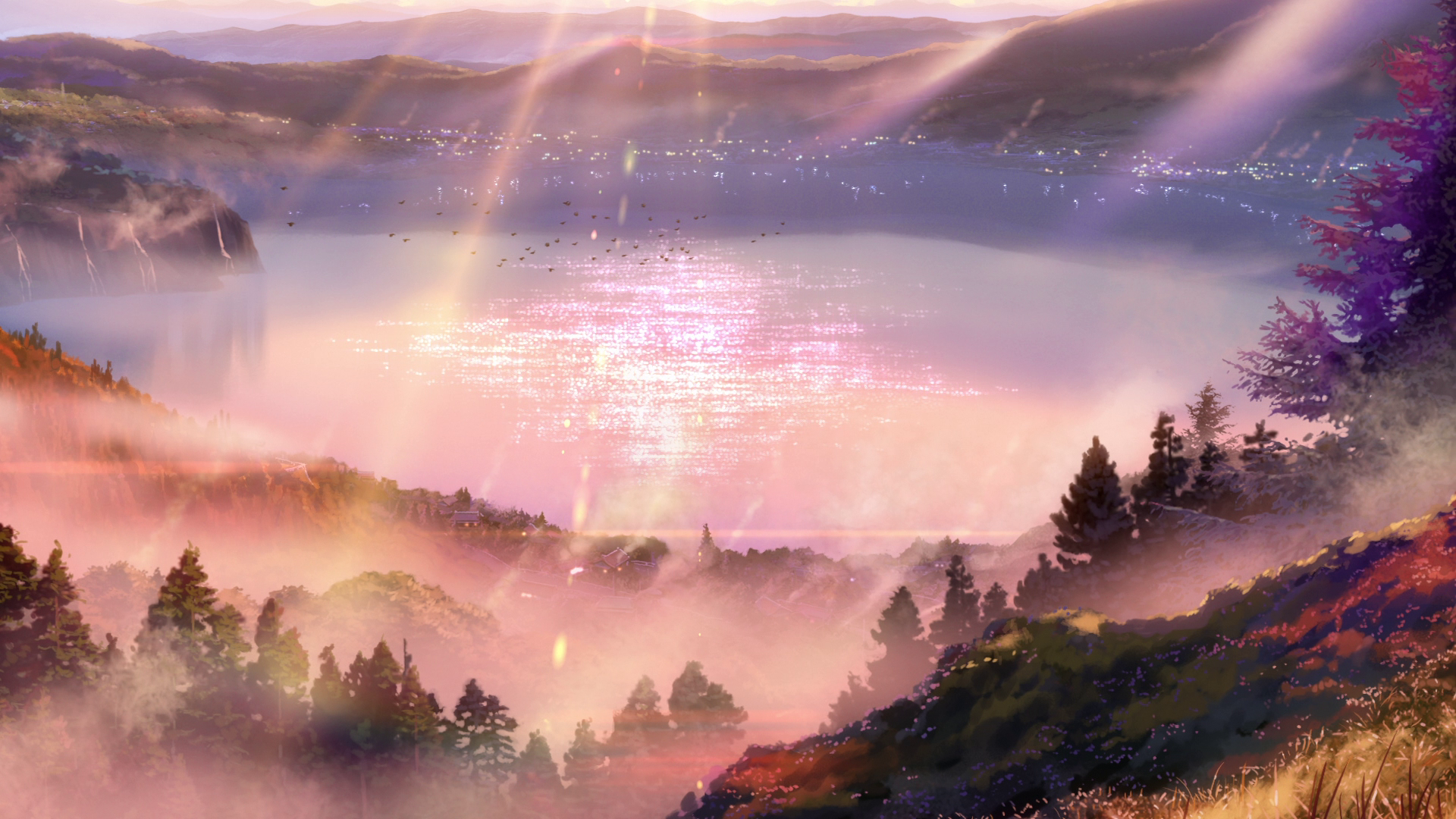 Anime 1920x1080 Kimi no Na Wa landscape mountains realistic field mist water lake pink
