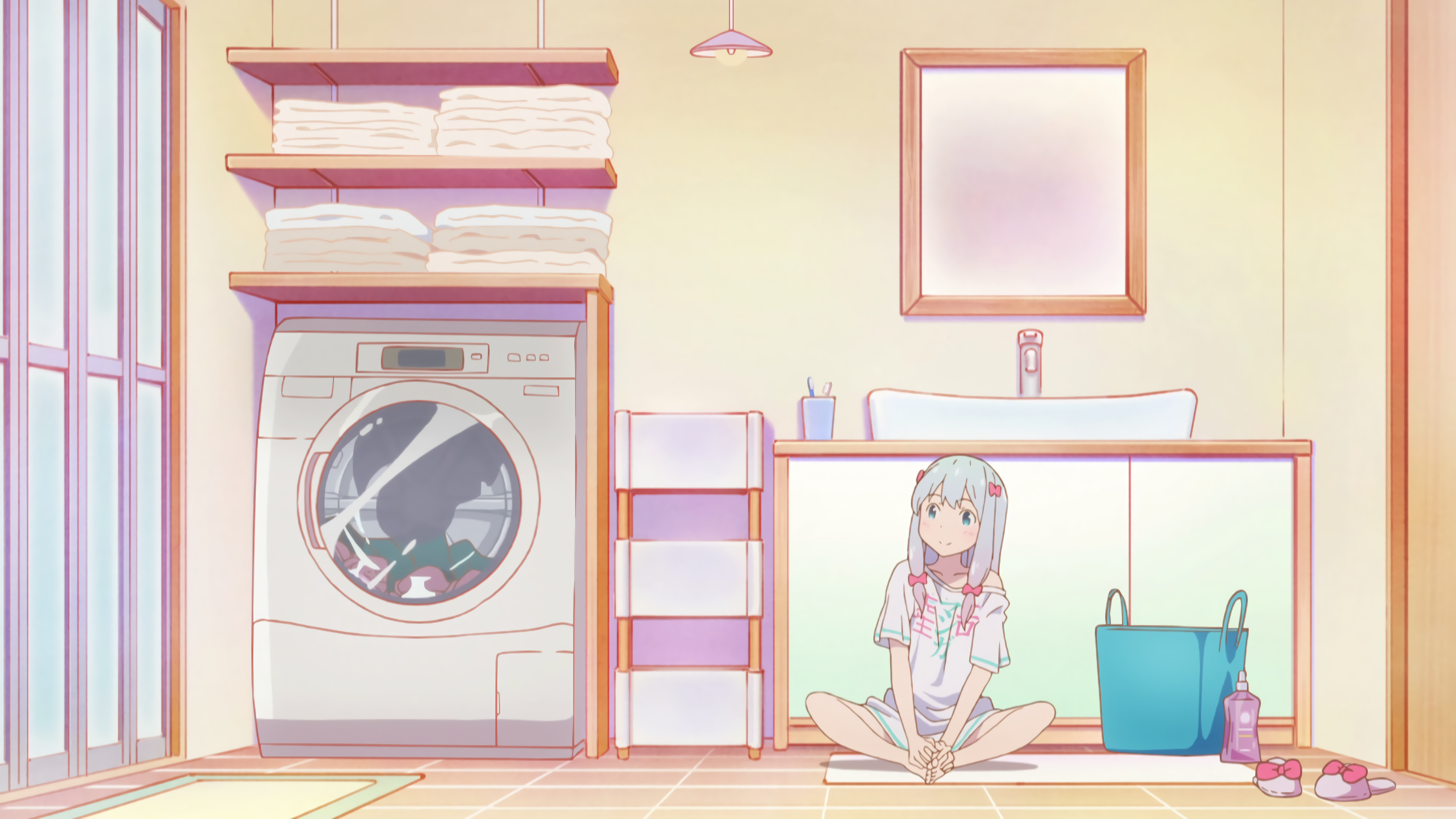 Anime 3072x1728 Eromanga-sensei Izumi Sagiri washing machine anime girls sitting on the floor anime women indoors