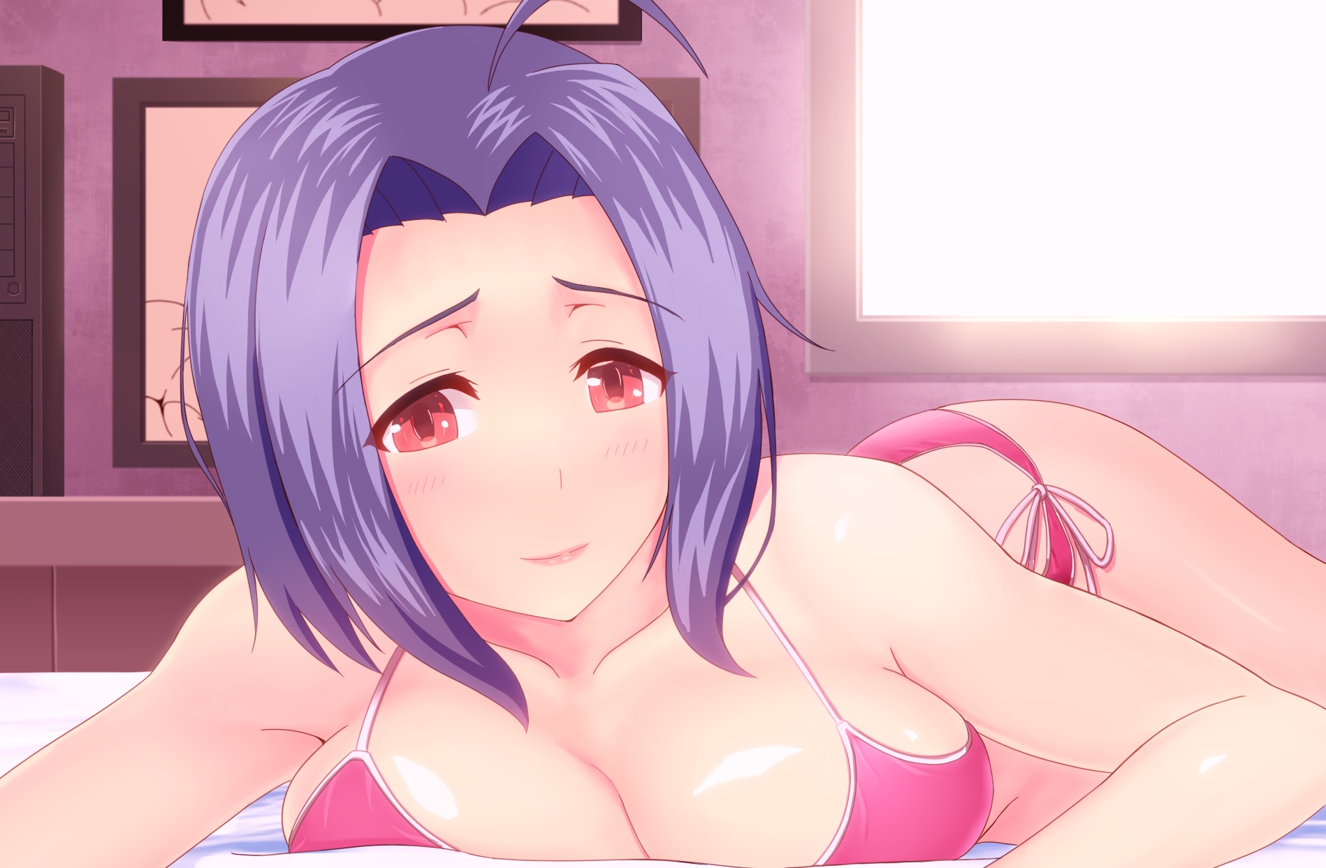 Anime 1898x1243 Miura Azusa THE iDOLM@STER anime girls bikini cleavage purple eyes in bed lying on front