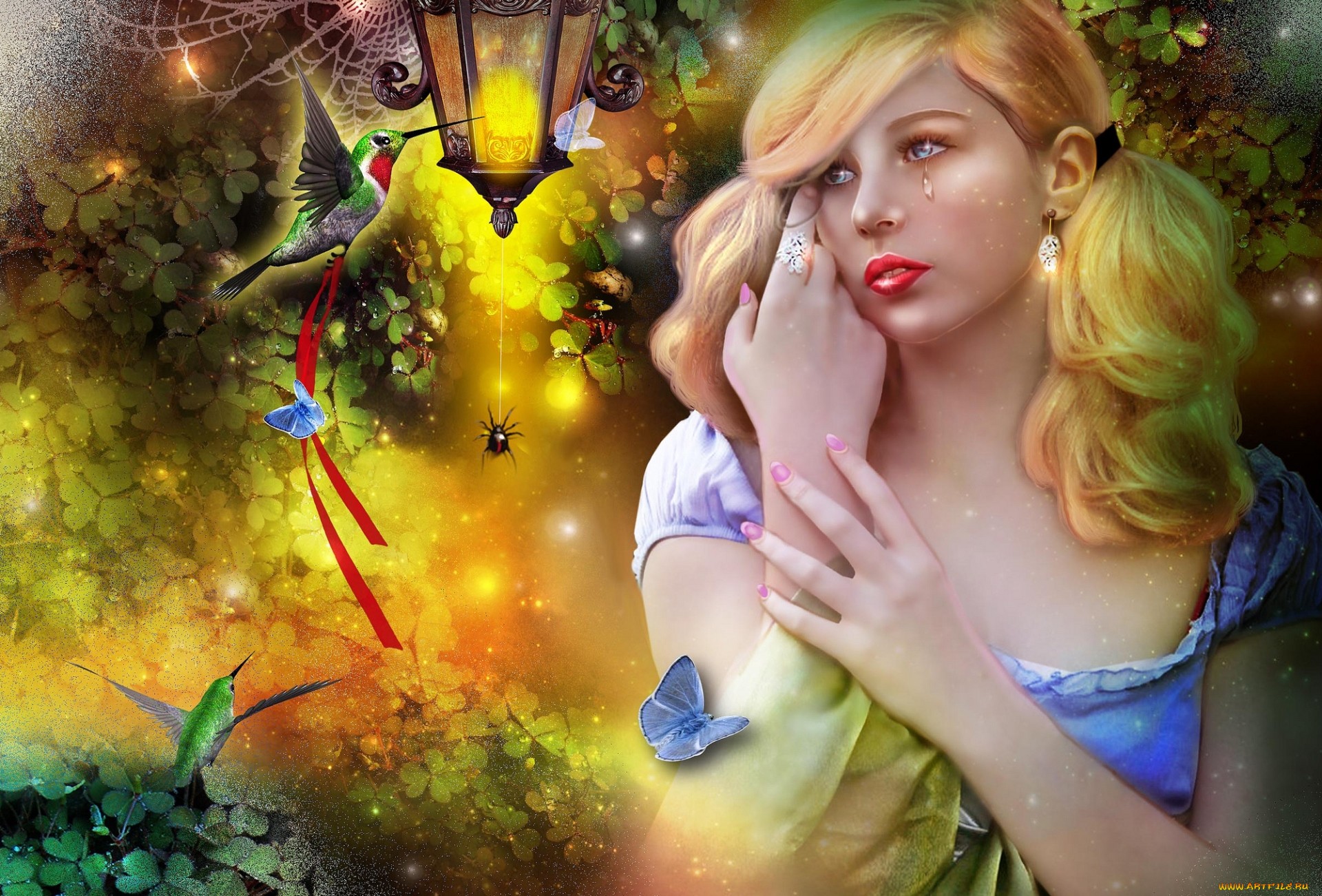 General 1920x1301 fantasy art fantasy girl blonde colorful painted nails lantern birds red lipstick artwork