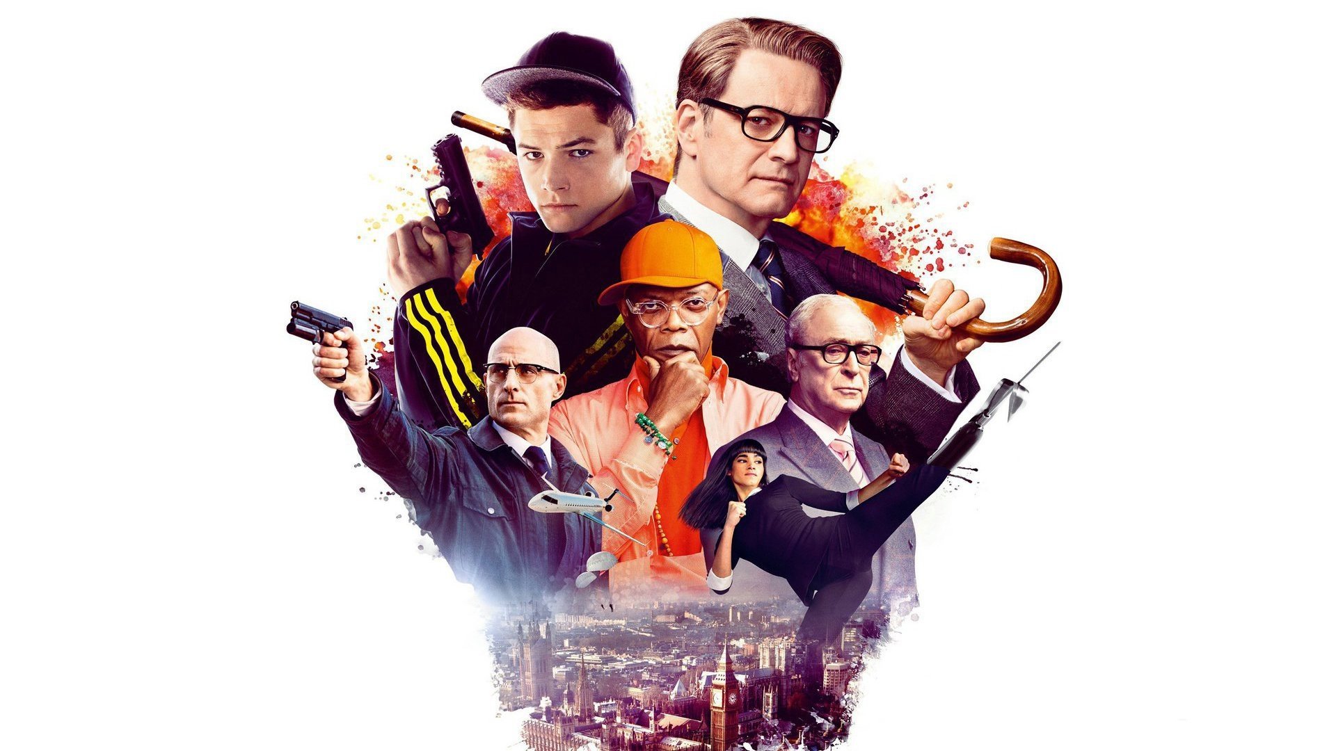 General 1920x1080 Kingsman movie poster movies Samuel L. Jackson Colin Firth Mark Strong Sofia Boutella Taron Egerton Michael Caine simple background