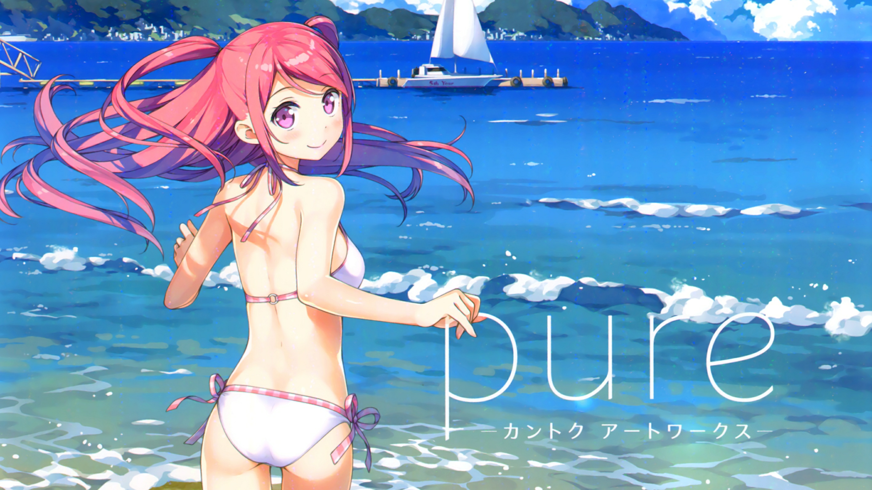 Anime 2834x1594 Kurumi (Kantoku) beach anime girls Kantoku bikini waves jetty water pink hair looking back pink eyes