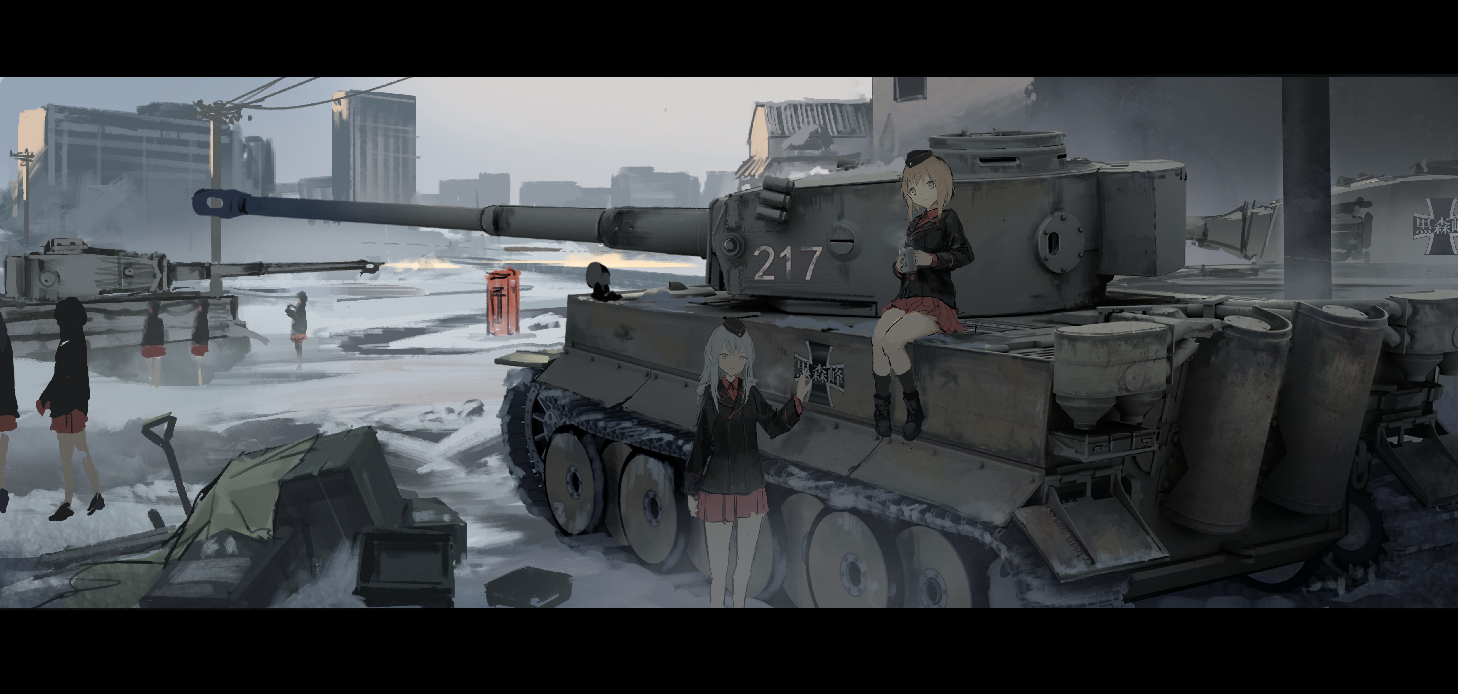 Anime 5000x2381 anime anime girls Girls und Panzer Tiger I tank Itsumi Erika winter Nishizumi Miho military vehicle vehicle Pixiv skirt red skirt numbers