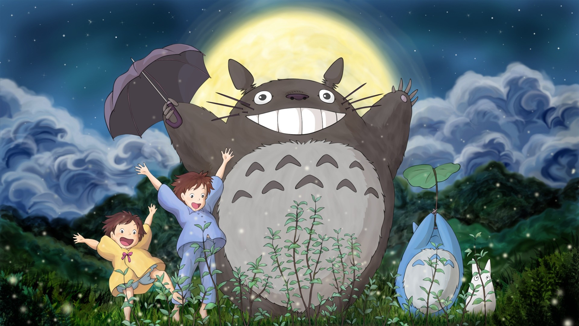 Anime 1920x1080 My Neighbor Totoro Studio Ghibli anime movies umbrella anime girls Moon sky