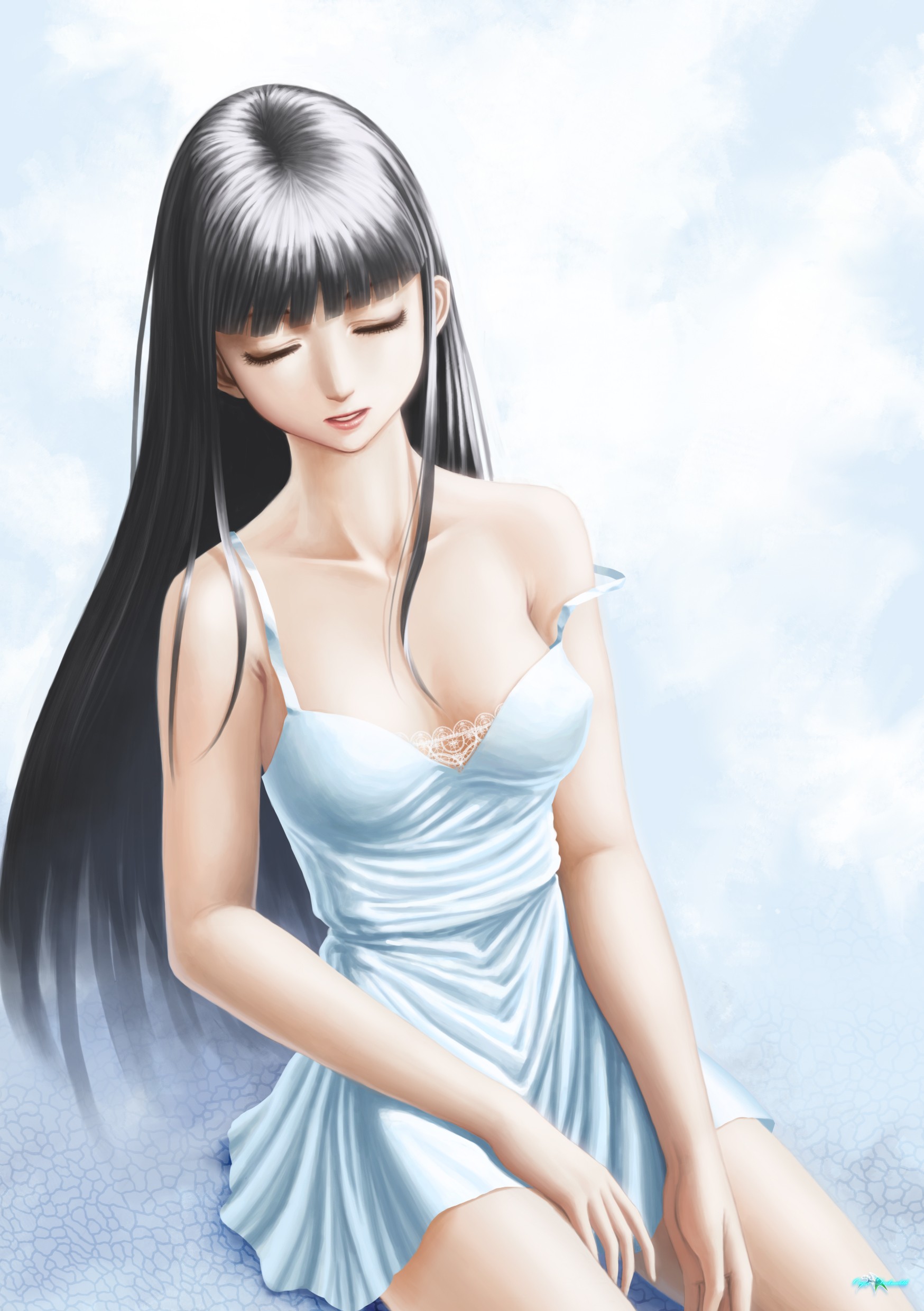 Anime 1748x2480 anime anime girls long hair dark hair dress no bra closed eyes simple background Pixiv women black hair