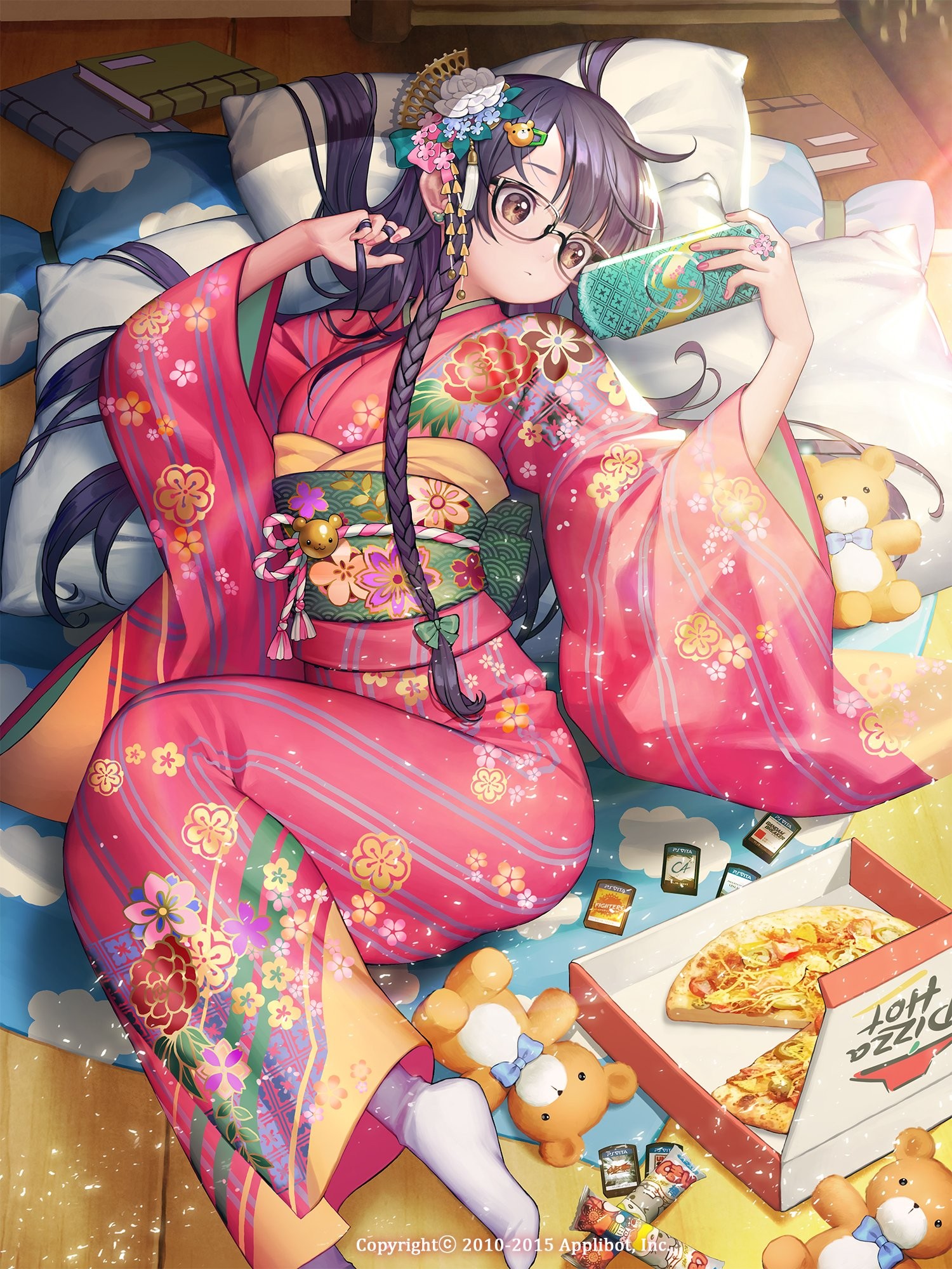 Anime 1500x2000 anime anime girls Furyou Michi ~Gang Road~ kimono long hair glasses PlayStation Vita women with glasses traditional clothing food pizza teddy bears plush toy