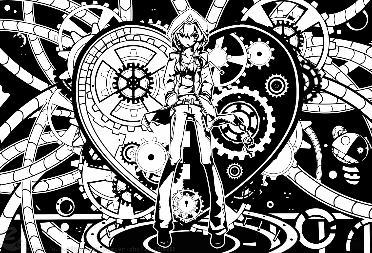 Anime 1507x1024 anime anime girls monochrome Gear Wheels standing angry hoods heart (design)