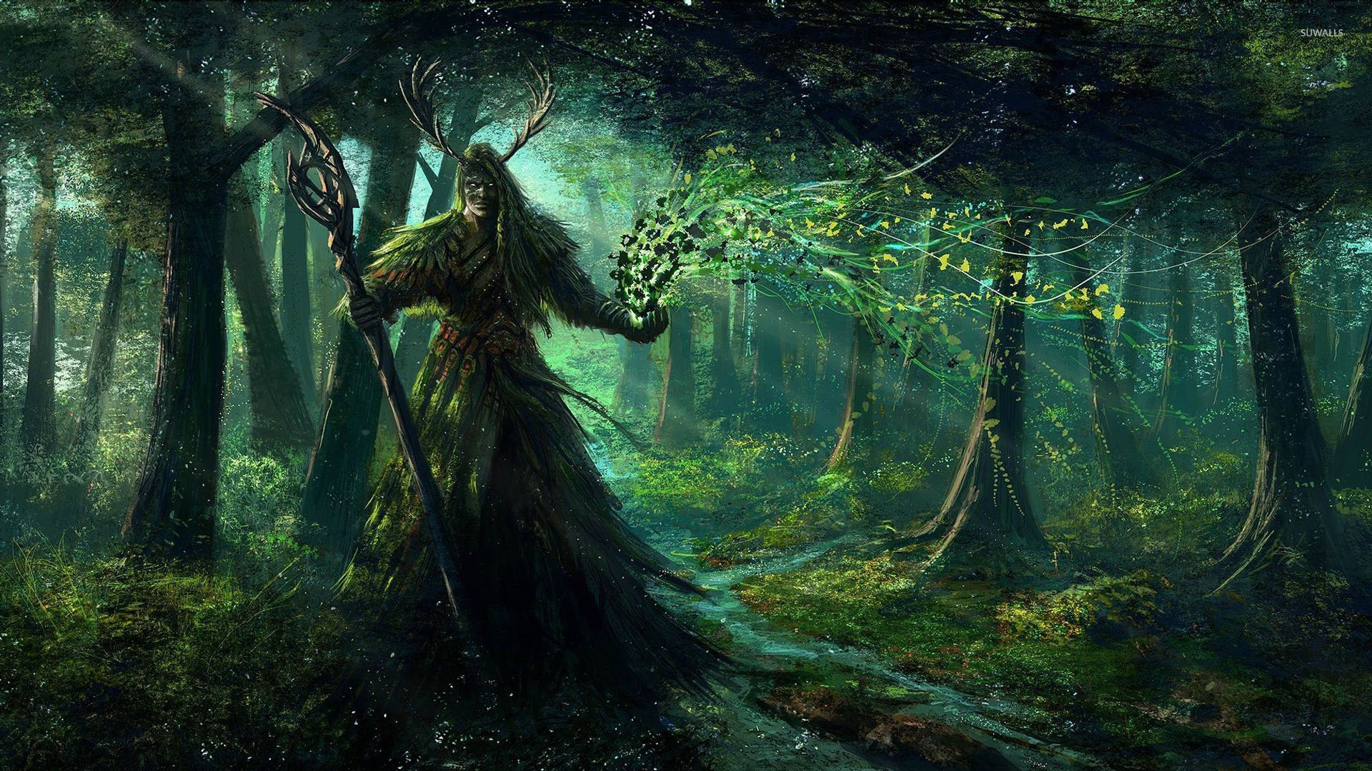 General 1920x1080 fantasy art digital art artwork trees forest plants dark creature water moon rays druids
