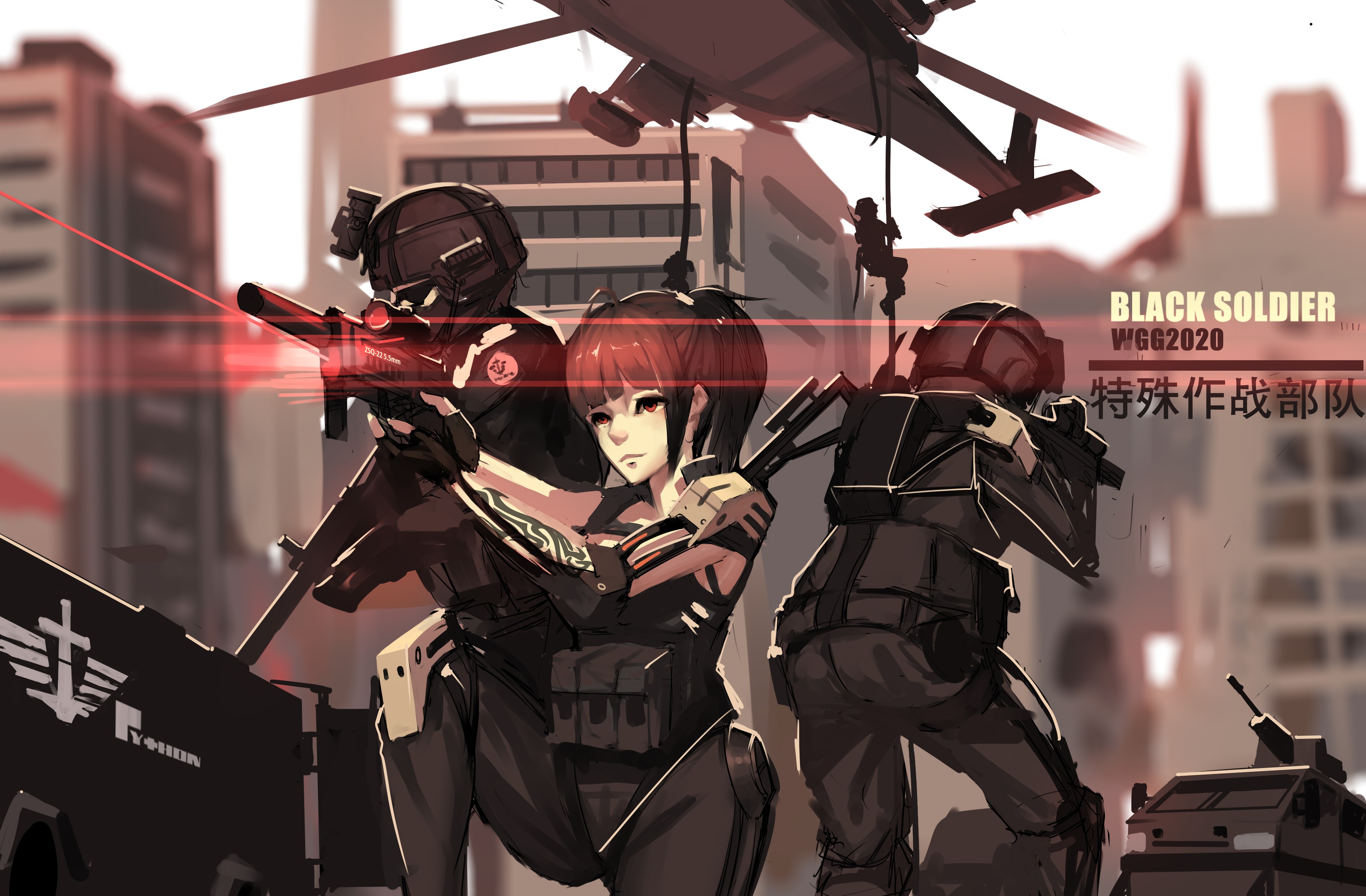 Anime 3779x2480 anime anime girls weapon gun red eyes helicopters Black Soldier Pixiv aircraft shoulder length hair girls with guns