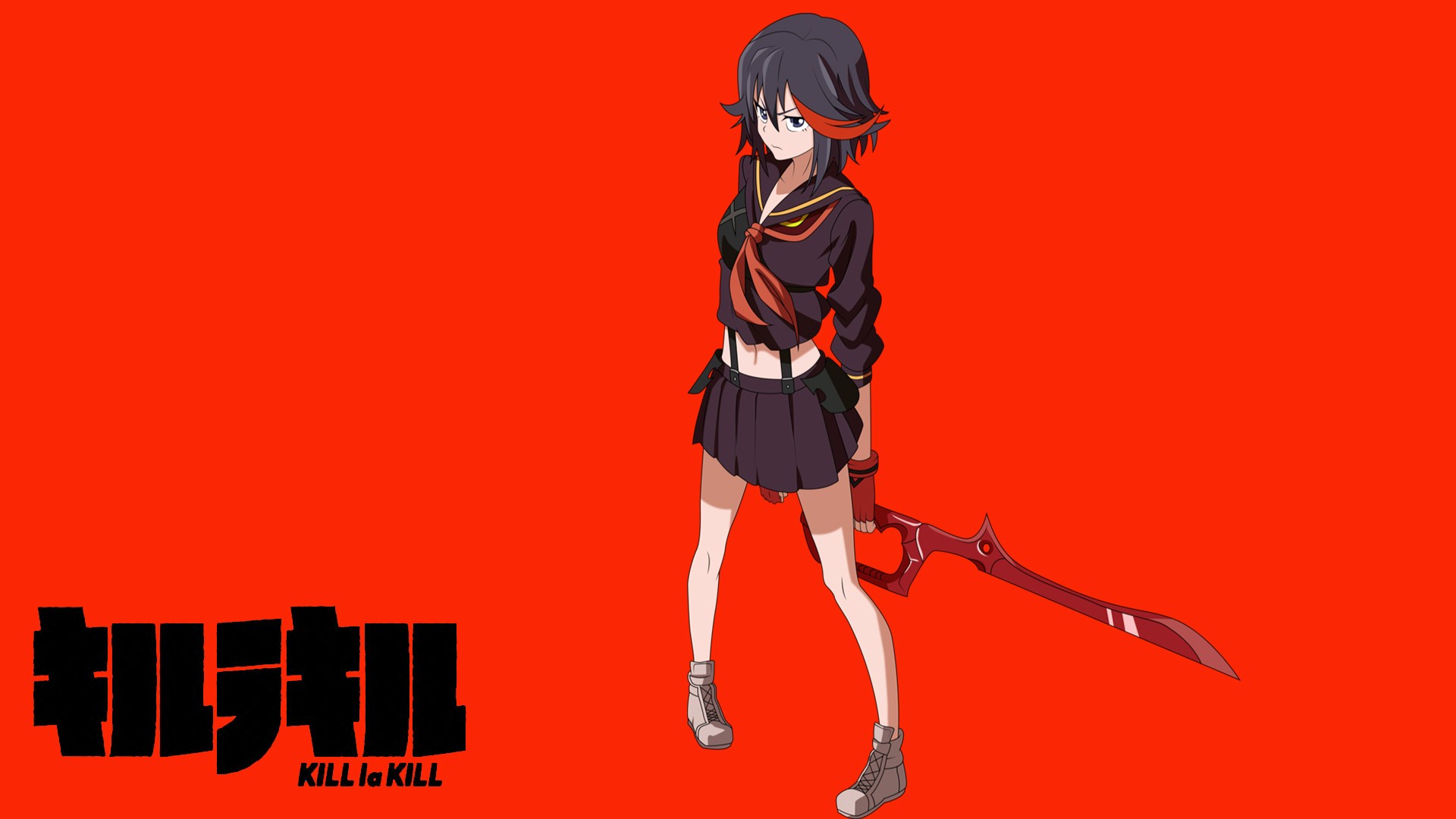 Anime 1920x1080 Kill la Kill Matoi Ryuuko anime girls miniskirt red background simple background women with swords sword dark hair anime