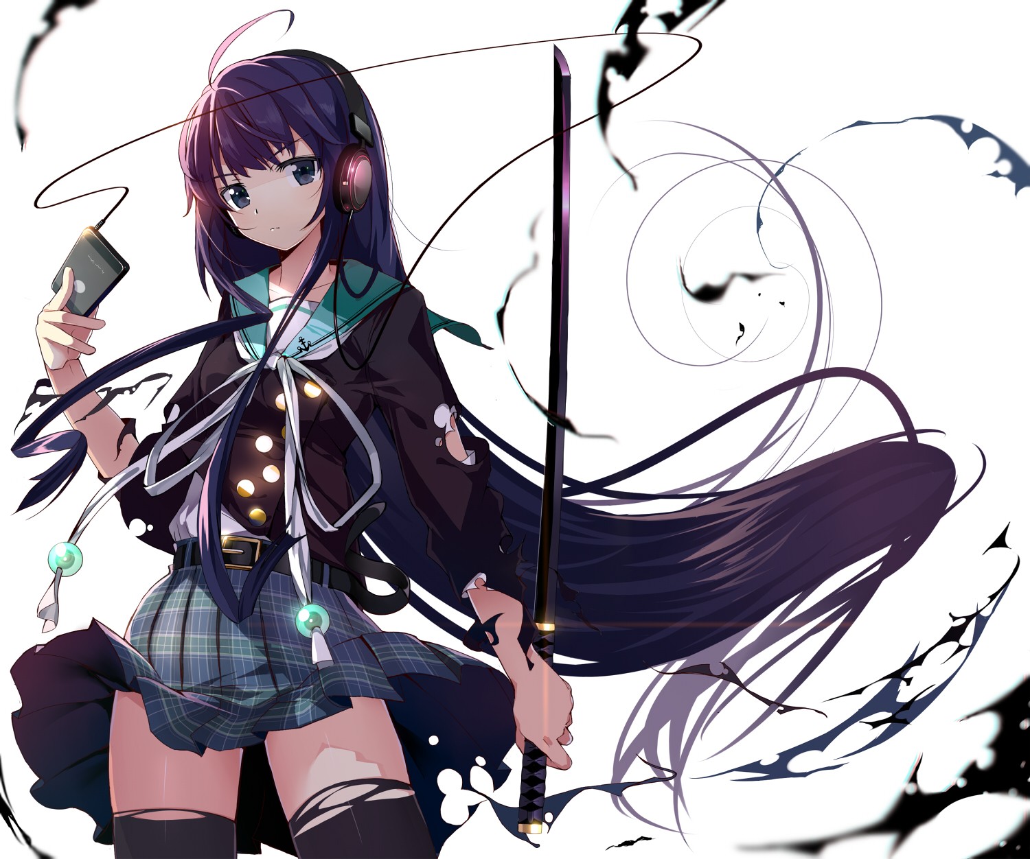 Anime 1500x1252 anime girls original characters school uniform katana headphones skirt women with swords sword weapon purple hair