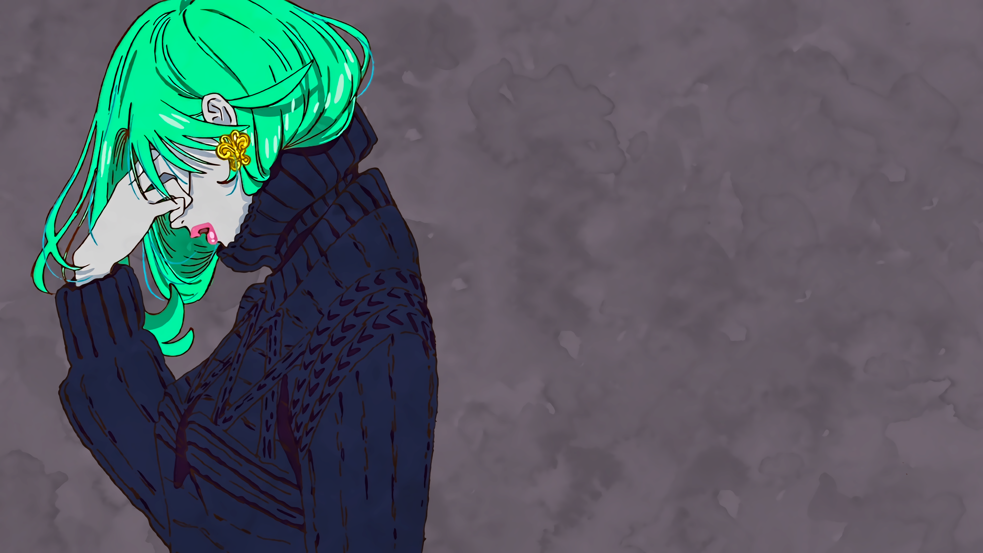 Anime 3840x2160 Punch Line anime anime girls pink lipstick green hair face palm gray background gold pale women DeviantArt hair in face sweater blue sweater blue clothing hand on face