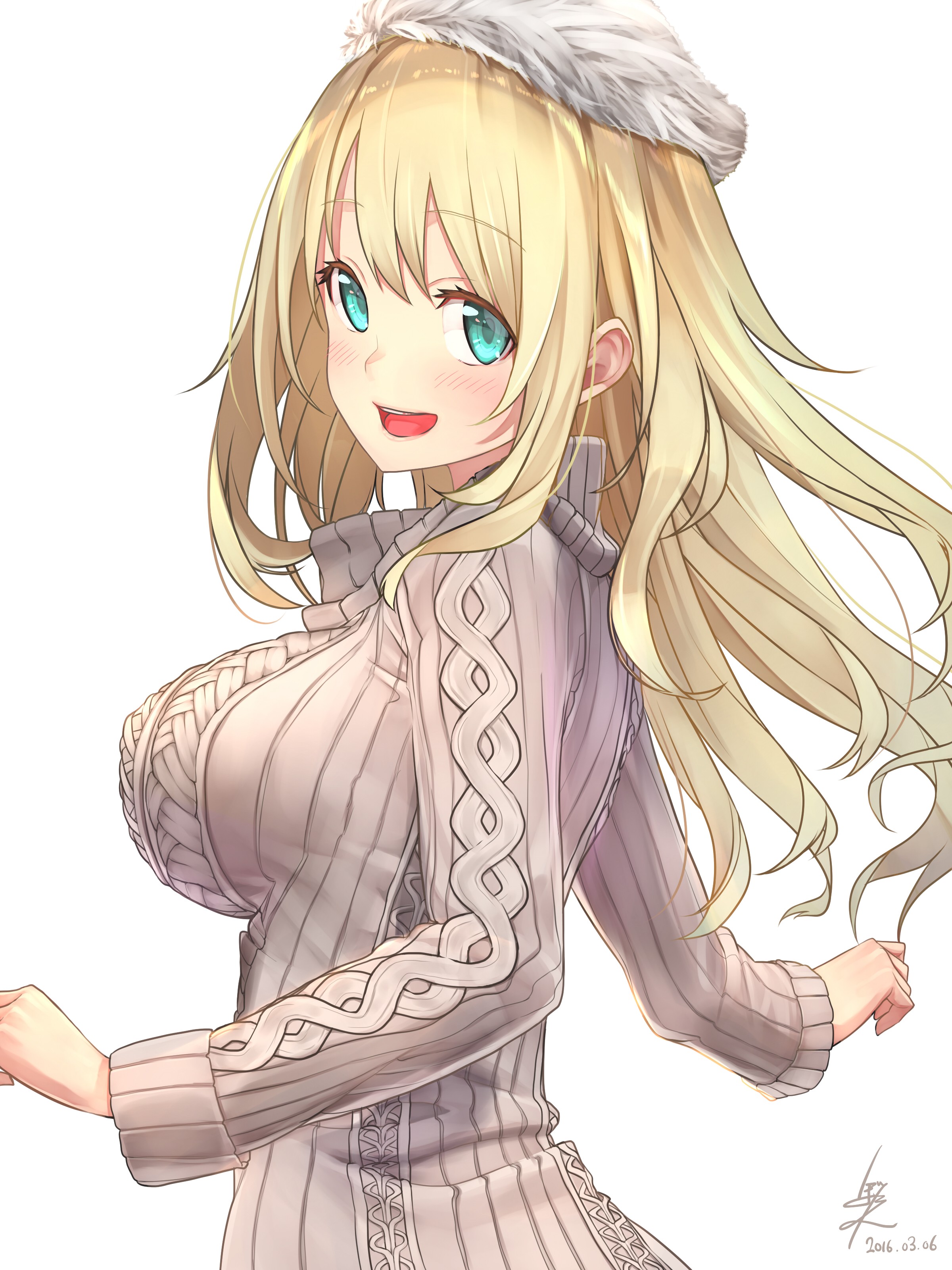 Anime 2400x3200 anime anime girls Kantai Collection Atago (KanColle) sweater blonde aqua eyes Baffu boobs big boobs huge breasts open mouth Pixiv white background simple background long hair curvy