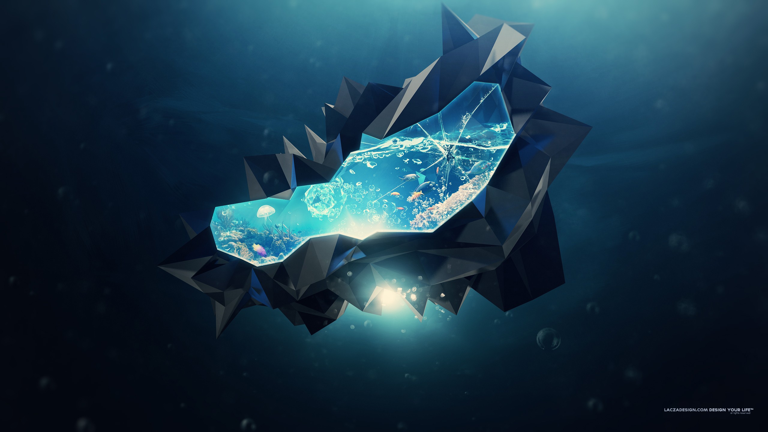 General 2560x1440 Lacza abstract CGI bubbles digital art crystal  cyan artwork DeviantArt underwater