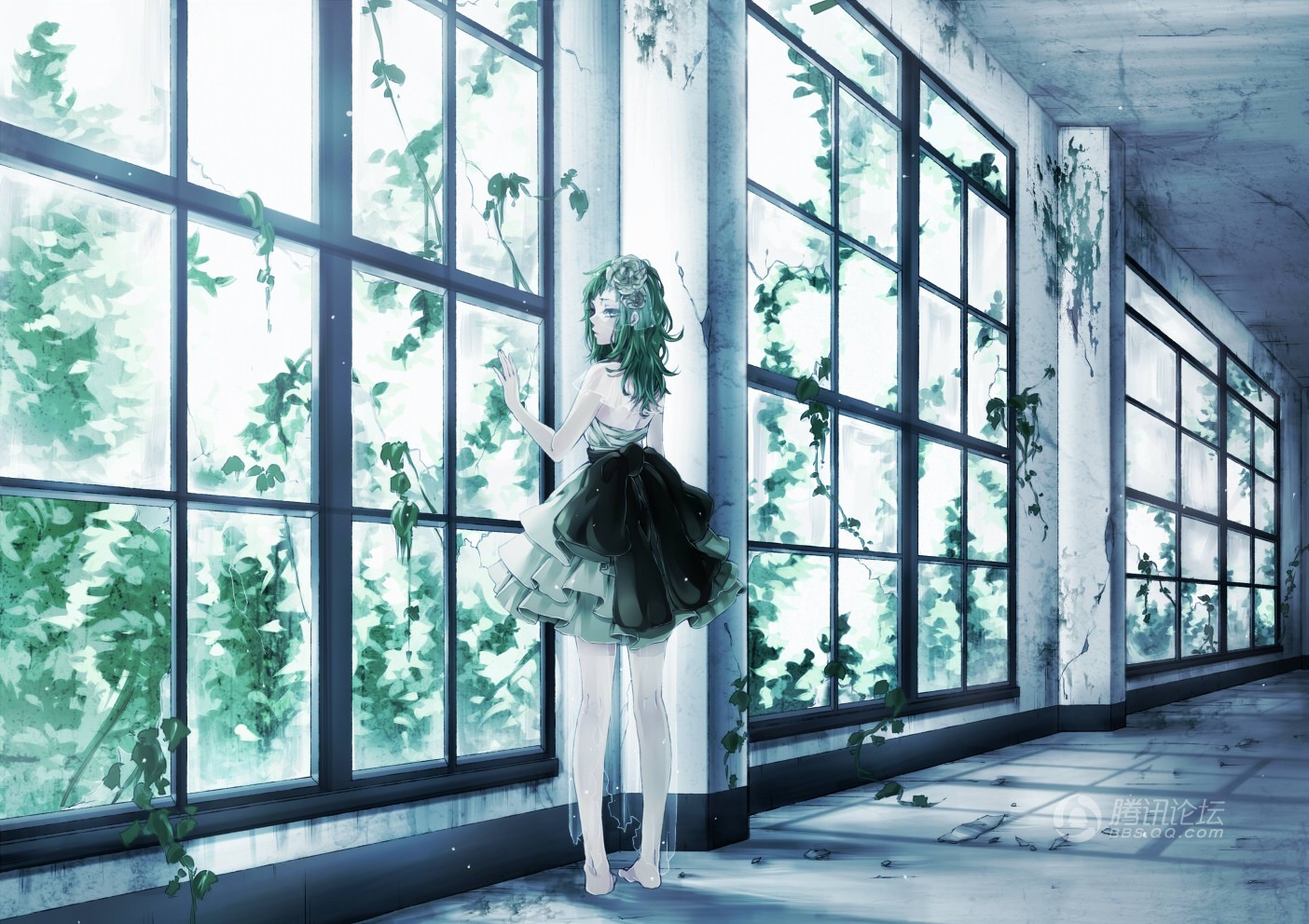 Anime 1404x992 anime window Vocaloid Megpoid Gumi dress green hair by the window anime girls standing plants barefoot