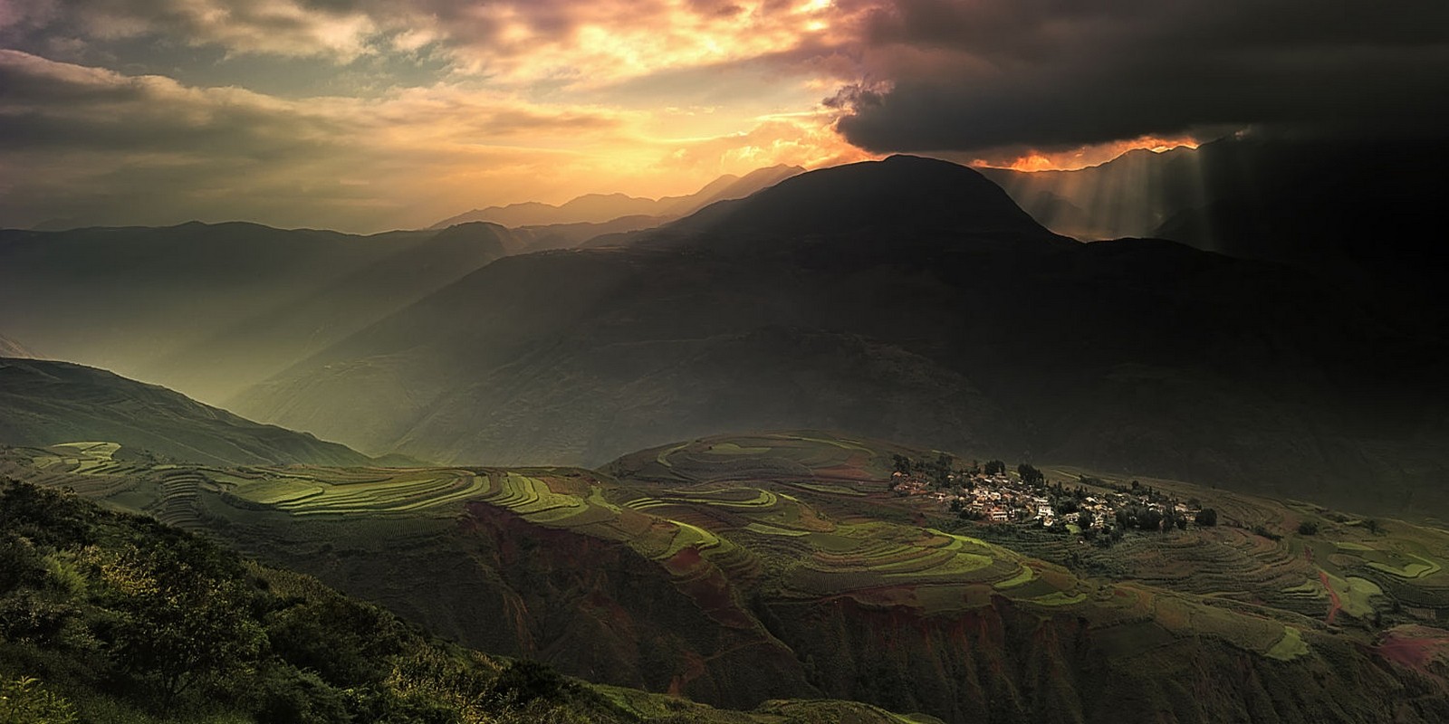 General 1600x800 landscape nature village mountains terraces rice sun rays clouds sky sunlight field China Asia