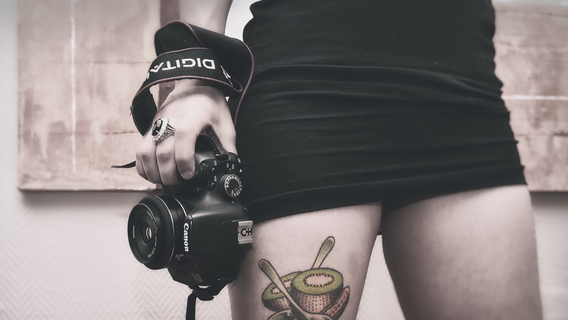 People 1920x1080 women camera tattoo skirt Canon rings thighs kiwi (fruit) model