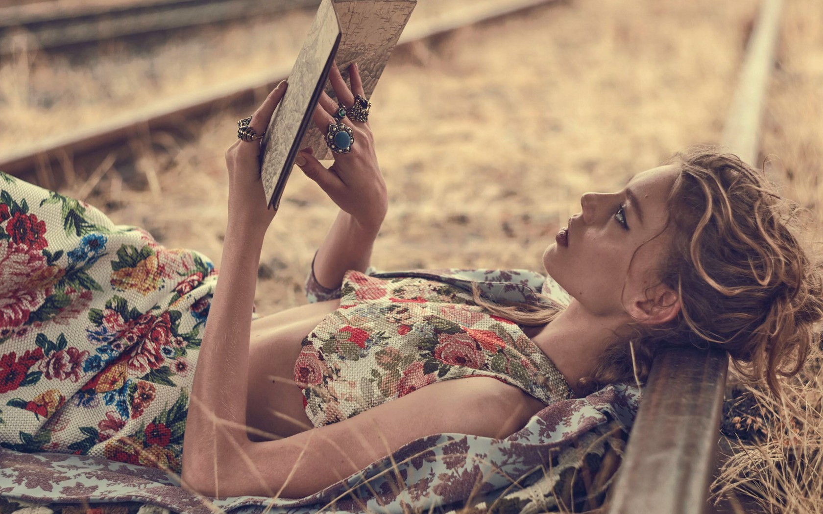 People 1680x1050 model reading women railway floral profile map blonde long hair women outdoors nature lying on back books grass rings depth of field