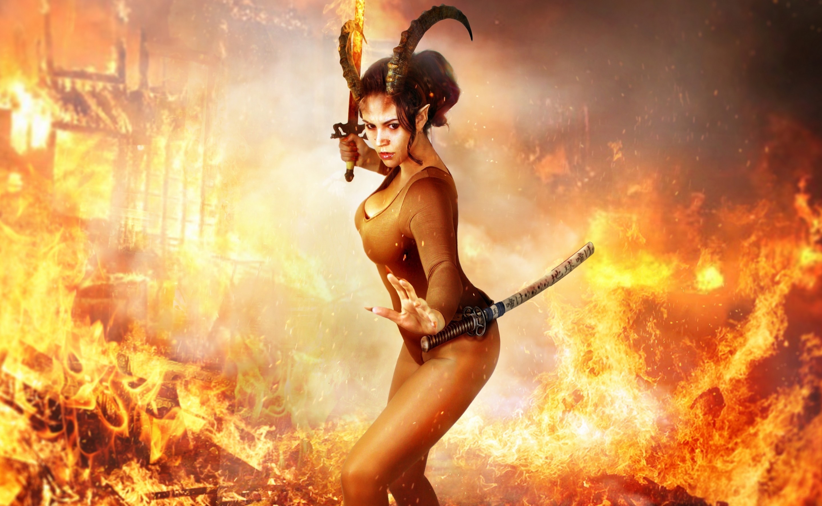 General 2880x1773 fantasy art warrior horns sword fire fantasy girl women with swords weapon bodysuit burning women