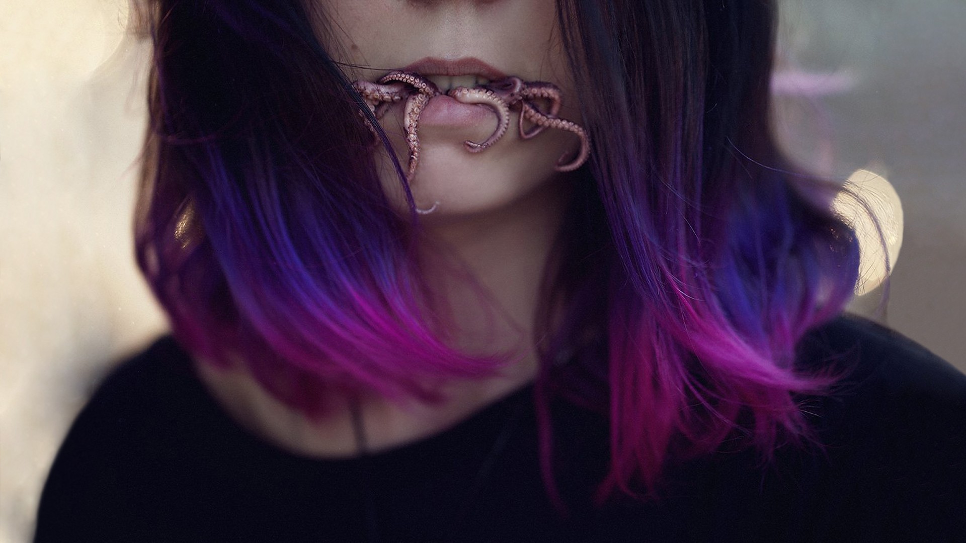 People 1920x1080 women face tentacles blue hair mouth purple hair model dyed hair