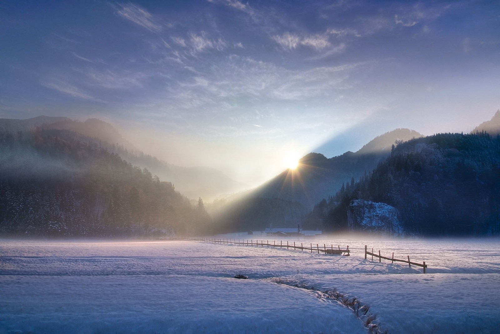 General 1600x1070 landscape nature photography winter sunset mountains mist snow forest sun rays