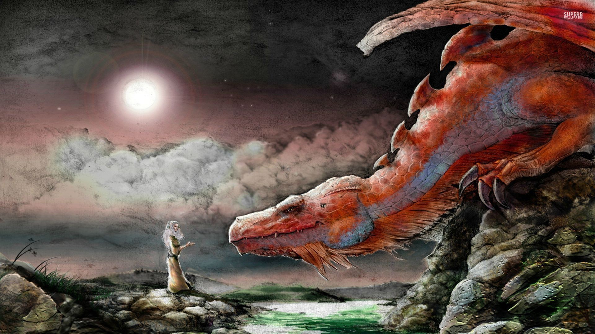 General 1920x1080 digital art fantasy art women dragon nature rocks stones clouds night Moon fantasy girl sky creature artwork