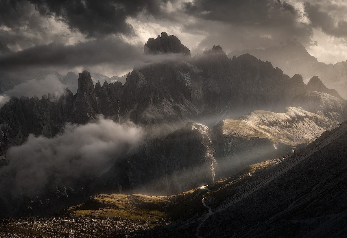 General 1200x823 photography nature landscape mountains clouds summer storm dirt road sun rays Dolomites Italy