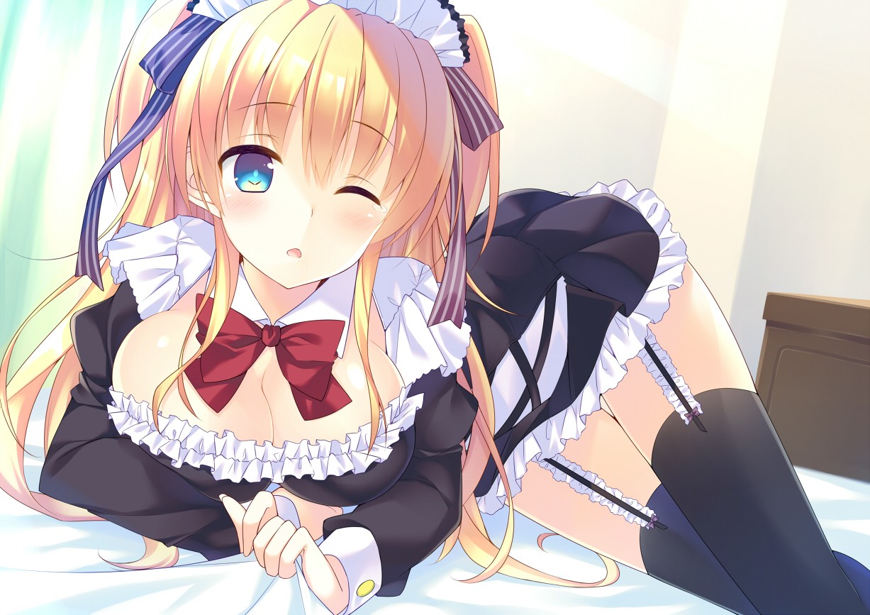 Anime 1227x867 anime girls blonde maid outfit thigh-highs blue eyes