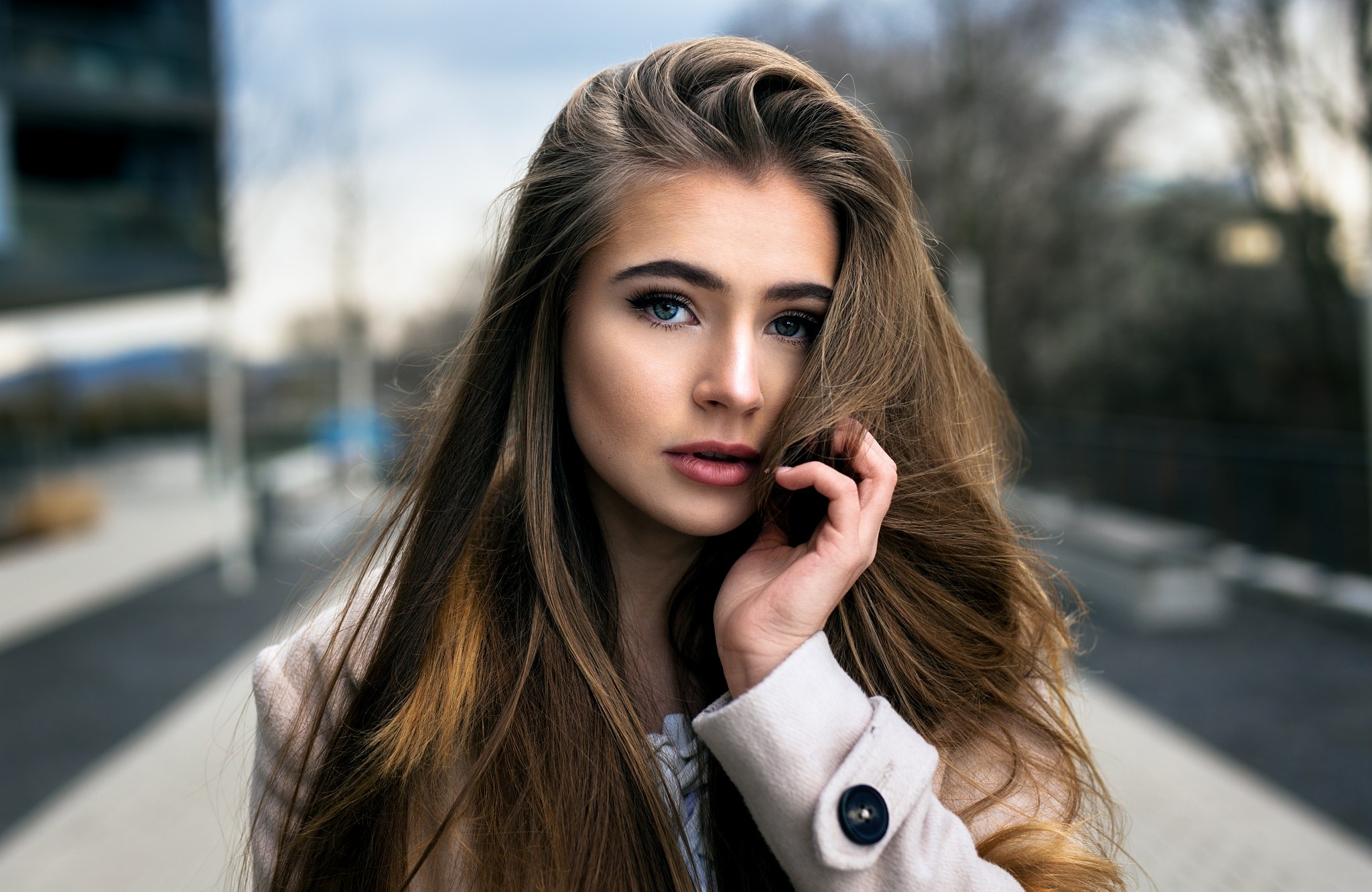 People 2048x1331 women face portrait depth of field women outdoors white coat touching hair holding hair looking at viewer blue eyes classy model