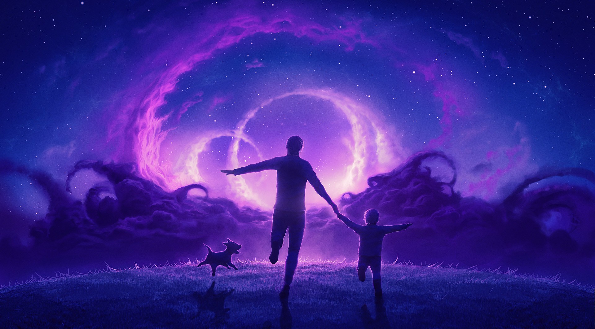 General 1920x1062 peace Heaven and Hell family sky dog stars night lights grass purple digital art